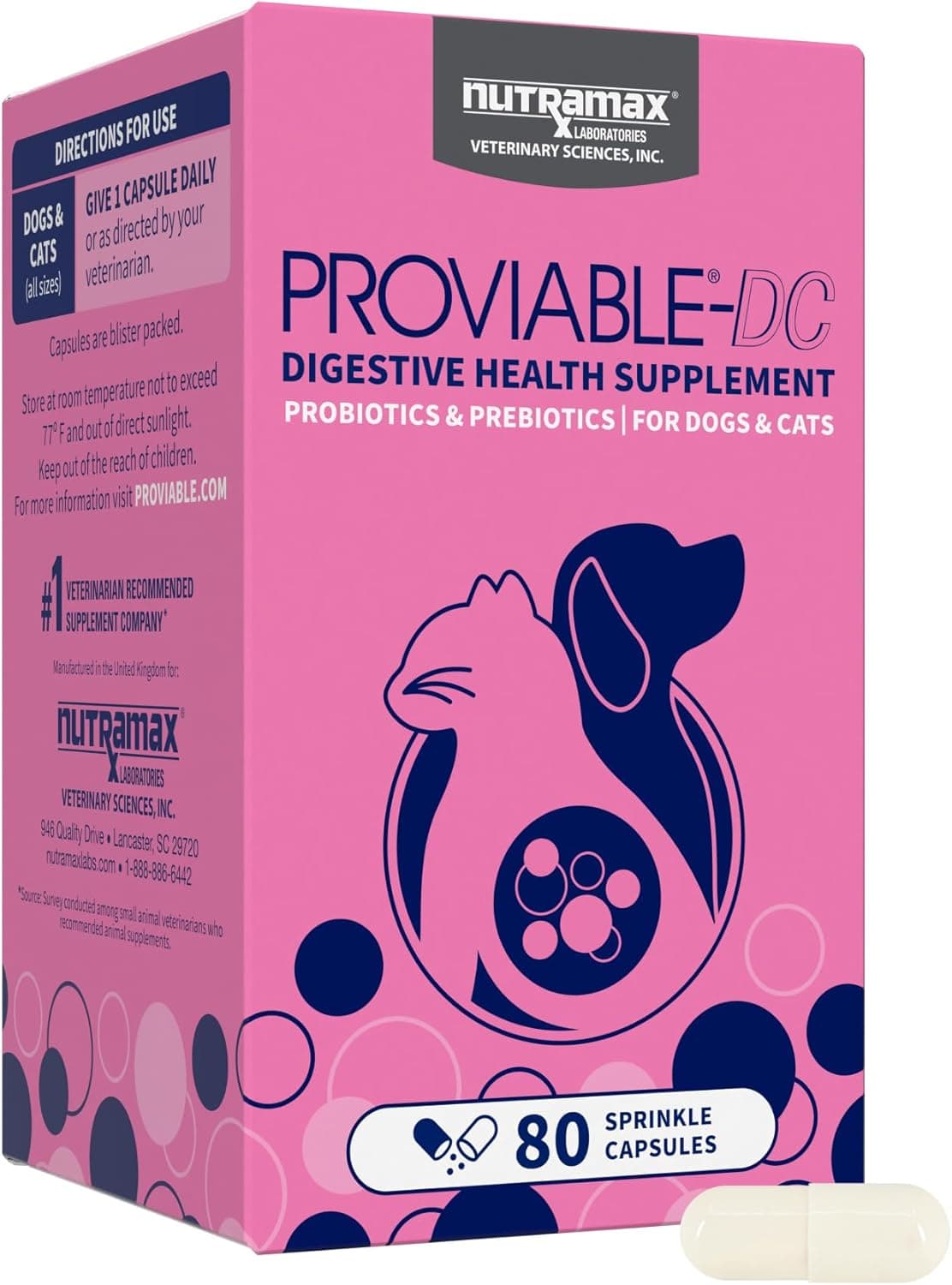Nutramax Proviable Probiotics for Dogs and Cats, Daily Digestive Health Supplement with Multiple Strains of Bacteria, Cat and Dog Probiotics Plus Prebiotics, 80 Capsules - image 1 of 1