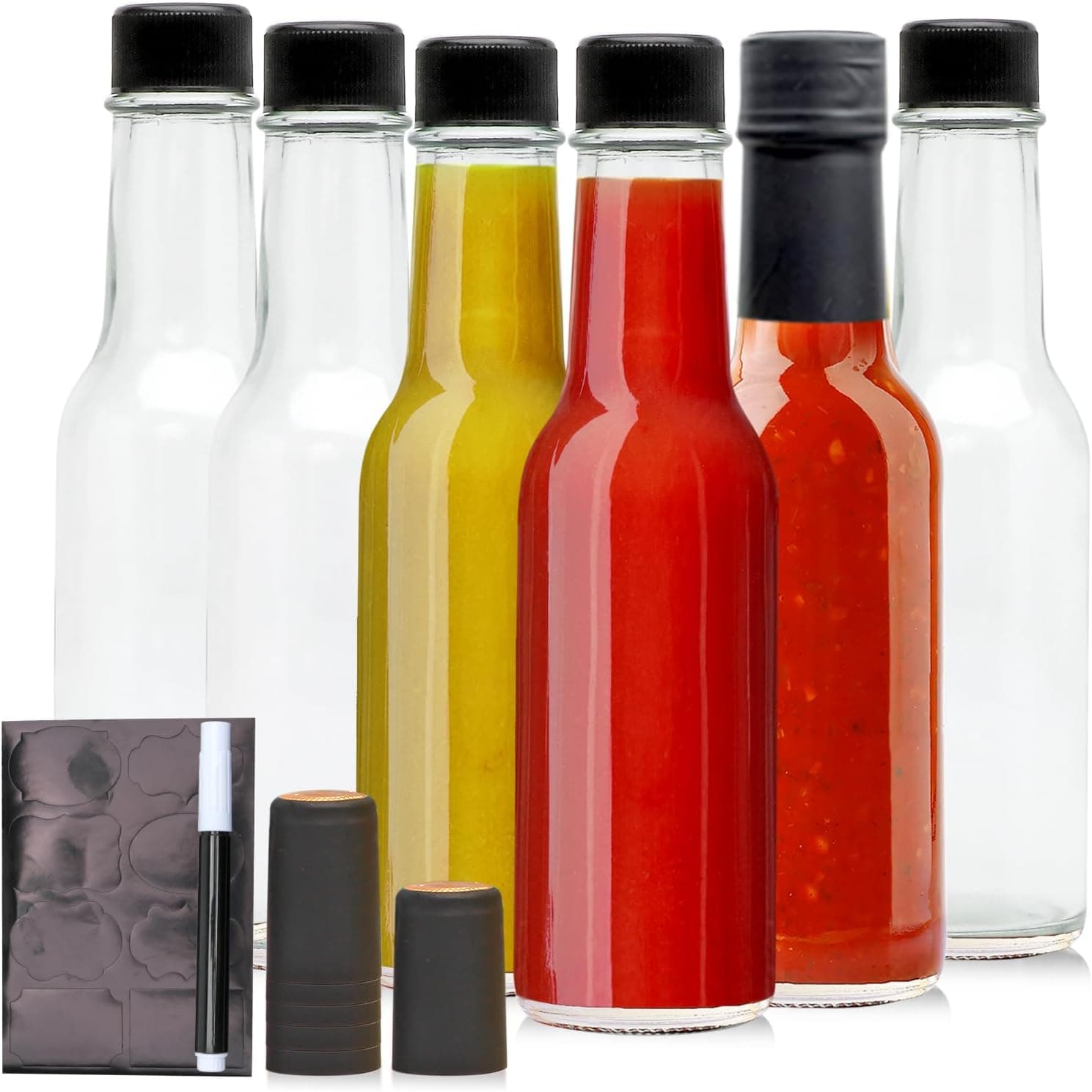 Brajttt 5oz Glass Bottle, Clear Woozy Bottles with Shrink Capsules,Empty Small Beverage/Canning Bottles with Black Caps for Kitchen and Party,6 Pack - image 1 of 1