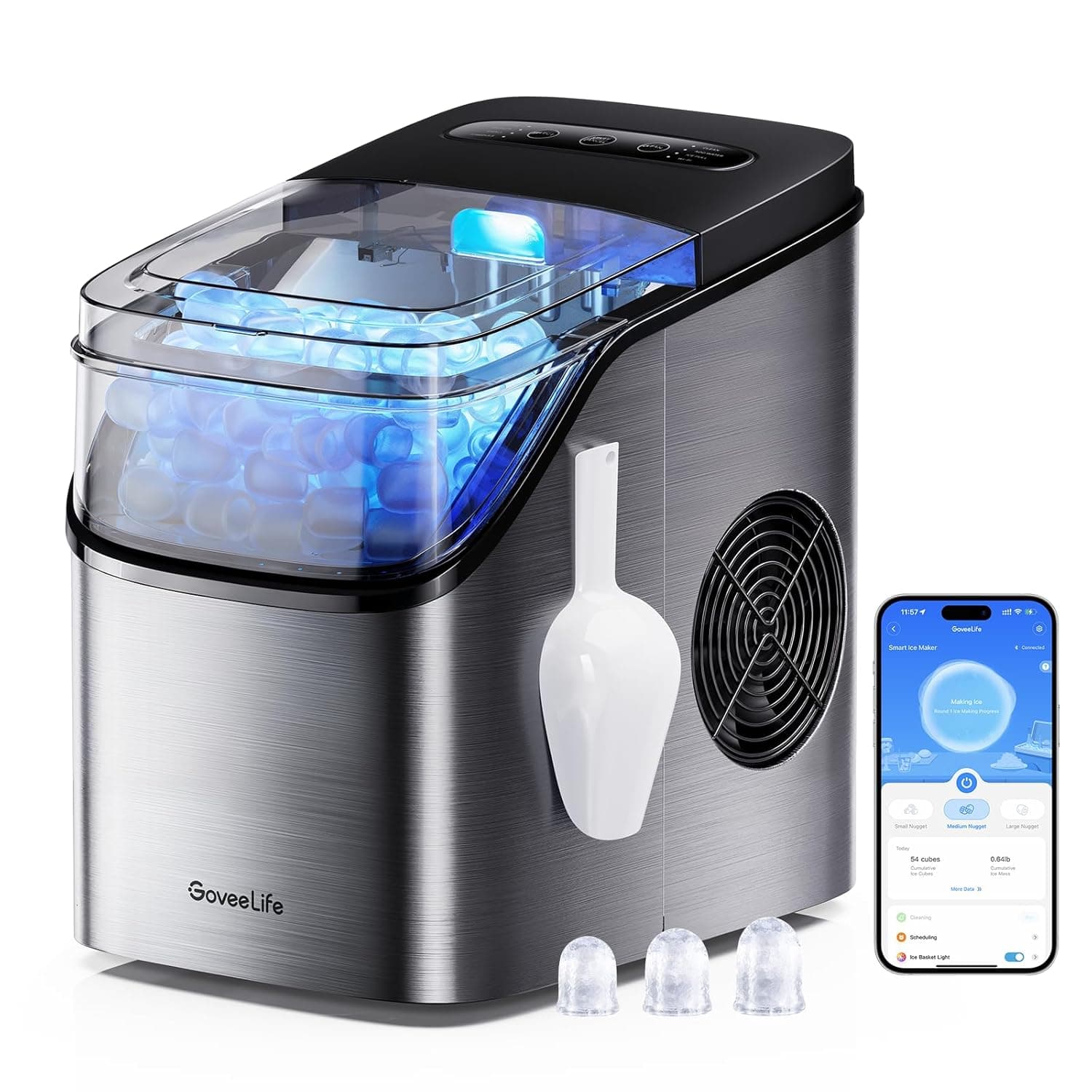 GoveeLife Smart Ice Maker Countertop, Portable Ice Machine with Voice Control, 9 Ice Cubes in 6 Minutes 3 Sizes, 26lbs/24Hrs, Self Cleaning RGB Lights, Quiet Ice Maker with Scoop for Kitchen Silver - image 1 of 1