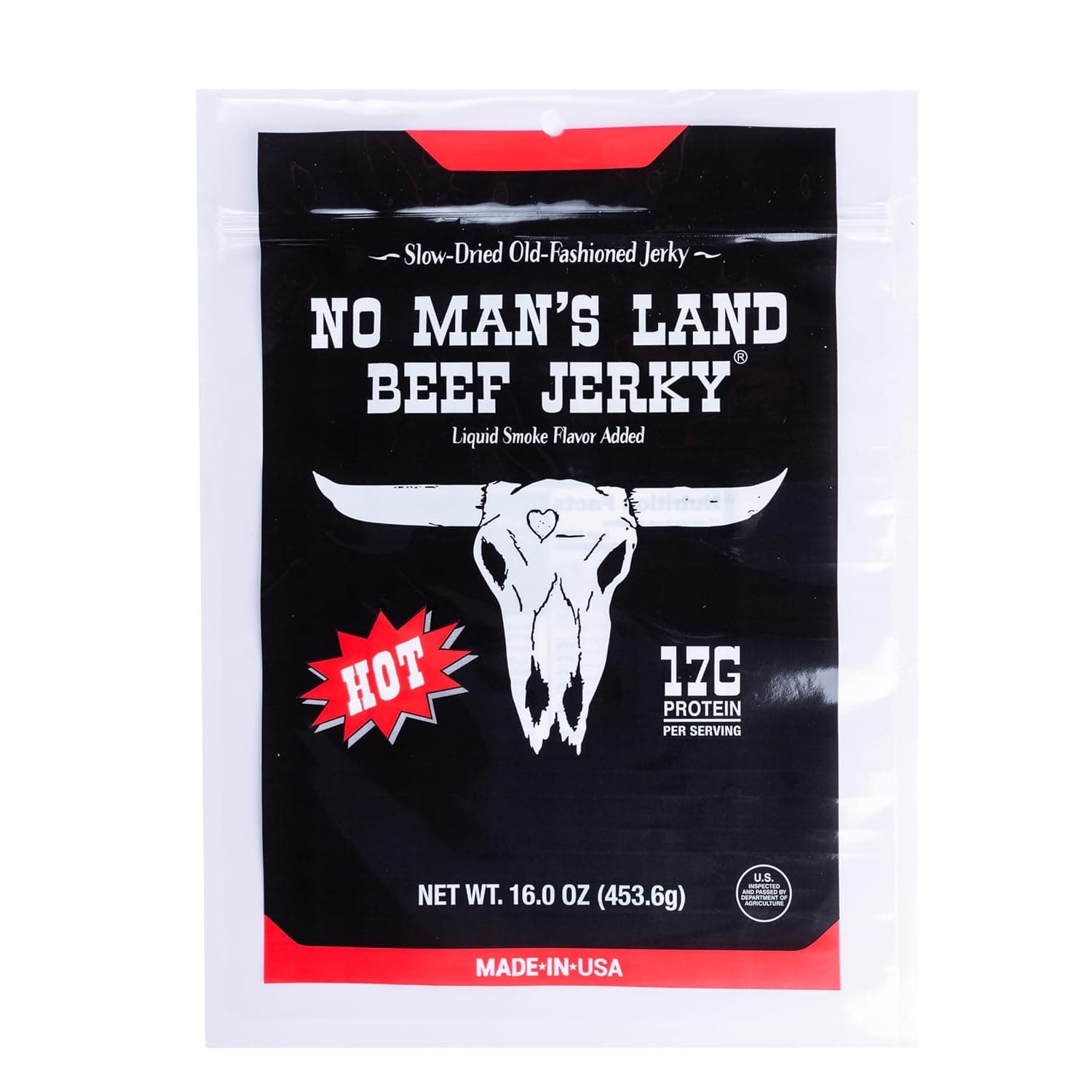 No Man’s Land Beef Jerky - Low Calorie, Low Carb, High Protein Beef Snack - Flavor HOT 16oz (Pack of 1) - image 1 of 1