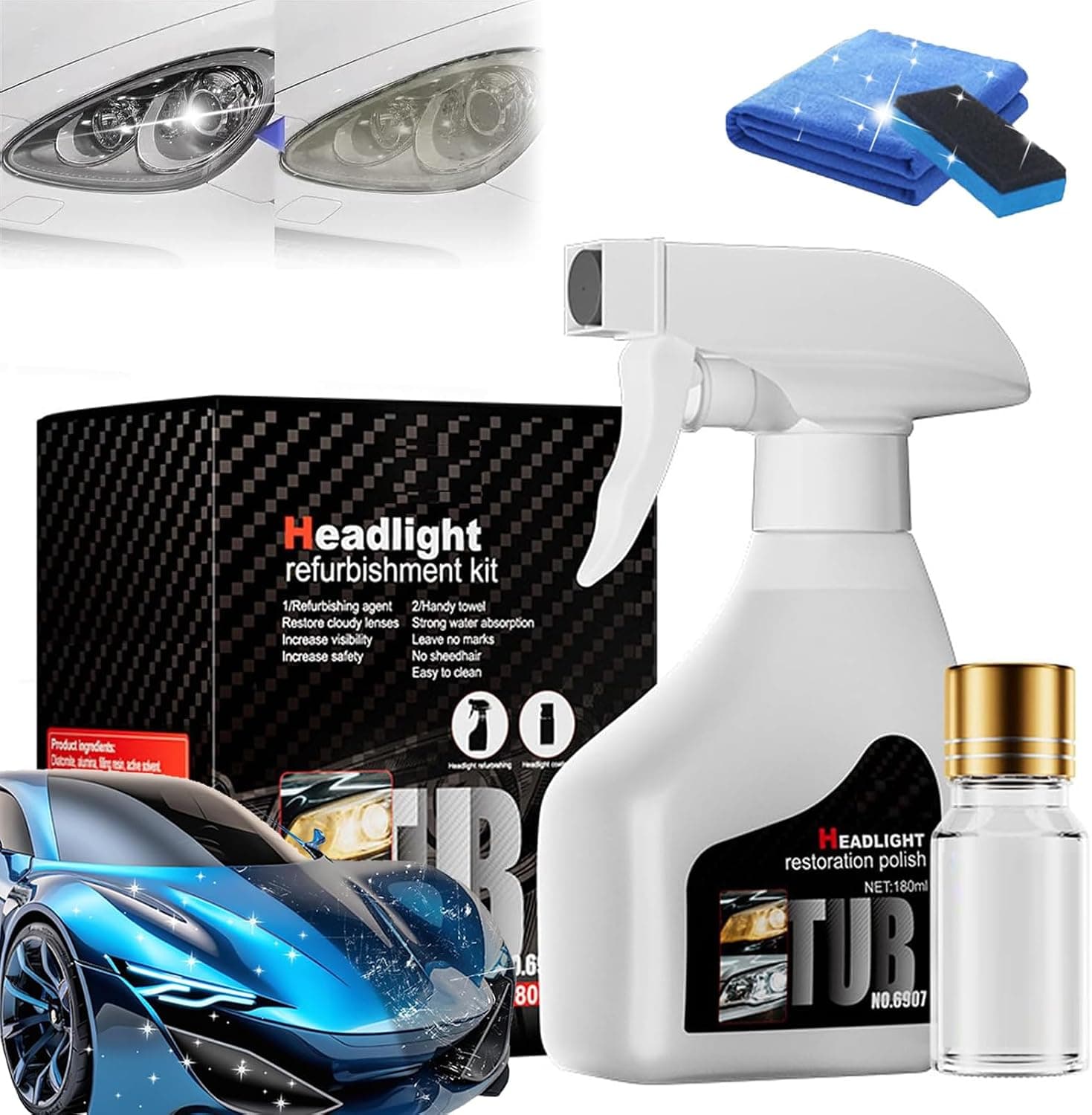 Tubeer Automotive Headlamp Restoration Fluid Kit, 2025 New Ceramic Headlight Restoration Kit, Headlight Cleaner and Restorer Kits for Yellowing & Scratches, Improve Nighttime Visibility (1PC) - image 1 of 1