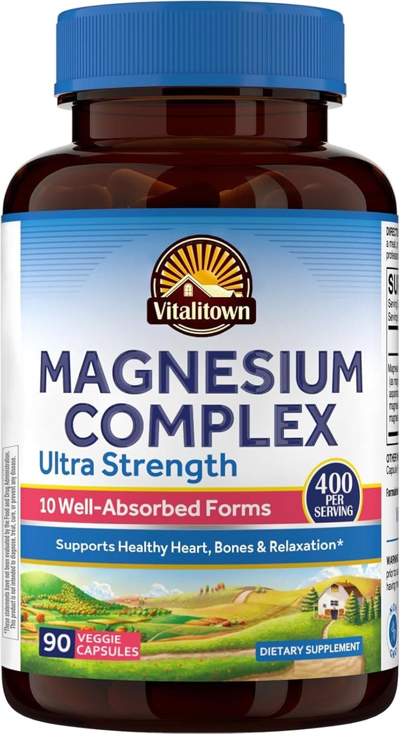 Vitalitown 10 in 1 Magnesium Complex Supplement - 400mg Elemental Magnesium Chelated with Glycinate, Citrate, Malate, Taurate & More - for Sleep Heart Energy - Non-GMO, Vegan, 90 Caps - image 1 of 1