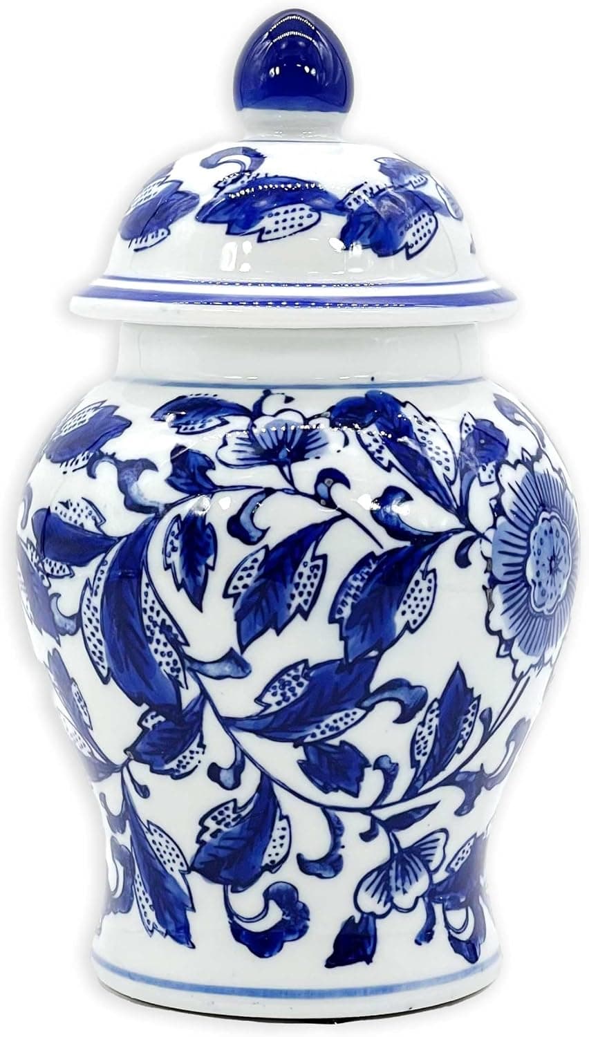 8" Ceramic Ginger Jar w/Lid - Classic Chinese Style Porcelain Jar Tea Storage for Home Decor Decorative Centerpiece Vintage Accent Antique Vase Jingdezhen (Blue & White Flower 2) - image 1 of 1