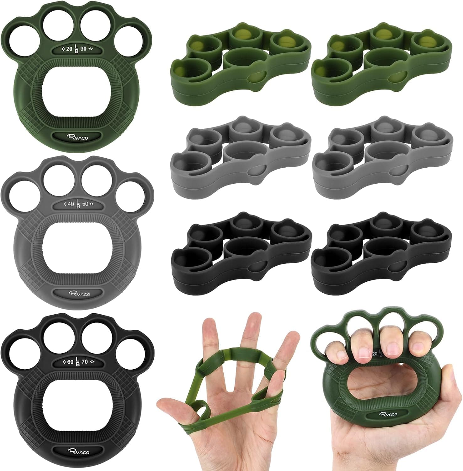 RYACO Hand Strengthener, 9 Pack Grip Strength Trainer with Finger Extensor Bands, Forearm Strengthener Finger Exerciser, Hand Grip Targeted Strength, Relief & Recovery