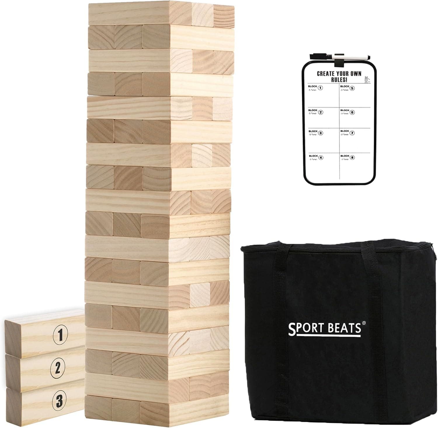 Outdoor Games Large Tower Stacking Game, 54 Wooden Blocks, Stack Up to 4 Ft Tall, Includes Carry Bag and Scoreboard, Backyard and Beach Lawn Yard Fun for Adults and Family - image 1 of 1