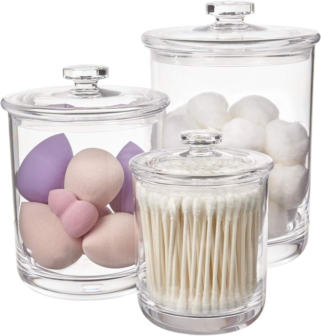 STORi 3-Pack Premium Quality Clear Plastic Qtip and Cotton Ball Holders, 15-oz, 30-oz, and 60-oz Apothecary Jars with Lids, Perfect Containers for Bathroom and Vanity, Set of 3 - image 1 of 1