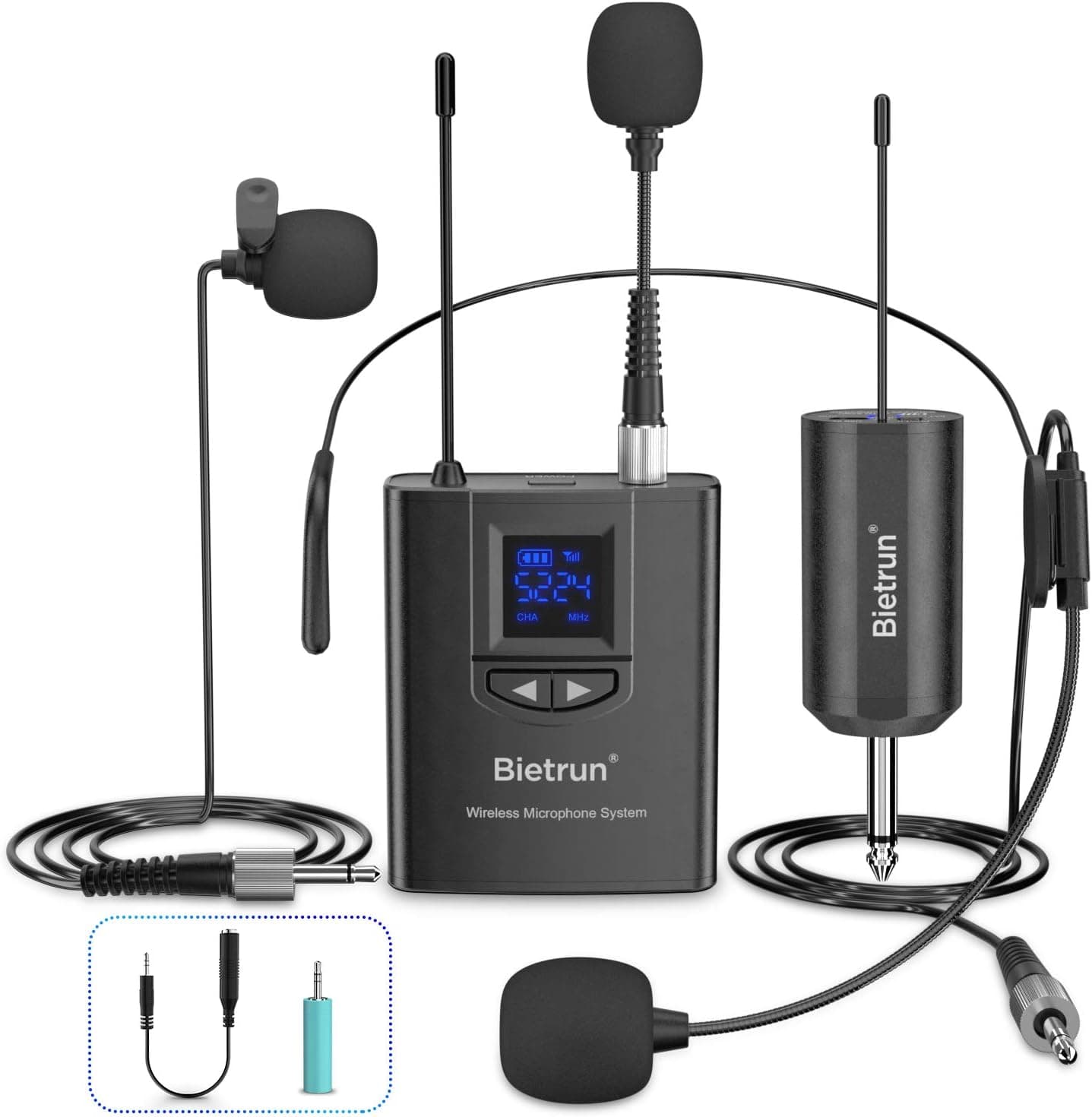 Bietrun UHF Wireless Lavalier Lapel Microphone System/Headset Mic/Stand Mic, 165ft Range, Rechargeable Transmitter Receiver, 1/4" Output, for iPhone,Android,PA Speaker,DSLR Camera,YouTube, Recording - image 1 of 1