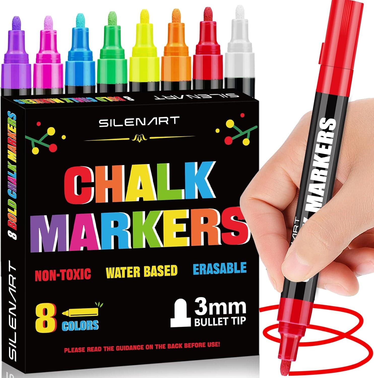 SILENART Liquid Chalk Markers - 8 Vibrant Colors - Chalkboard Markers for Blackboard Glass Window Car Dry Erase Board Acrylic Calendar Board Whiteboard- Wet Erase - image 1 of 1