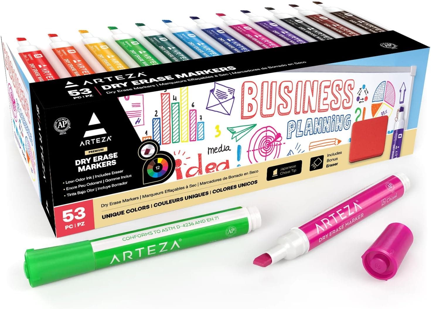 ARTEZA Dry Erase Markers Pack of 53, Chisel Tip, 12 Assorted Colors with Low-Odor Ink, Whiteboard Pens - image 1 of 1