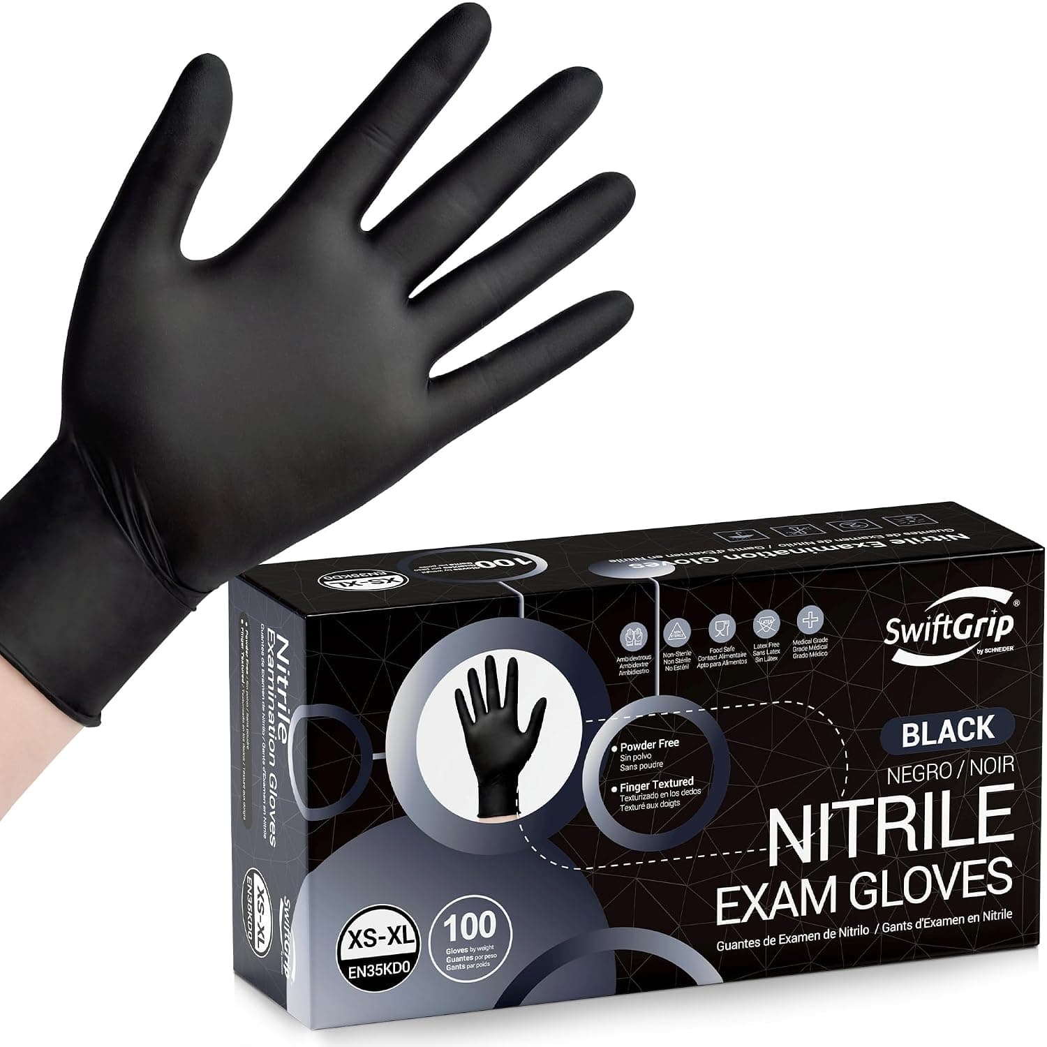 Disposable Nitrile Exam Gloves, Black Nitrile Gloves Disposable Latex Free for Medical, Cooking & Esthetician, Food-Safe Rubber Gloves, Powder Free, Non-Sterile, 100-ct Box (Medium) - image 1 of 1
