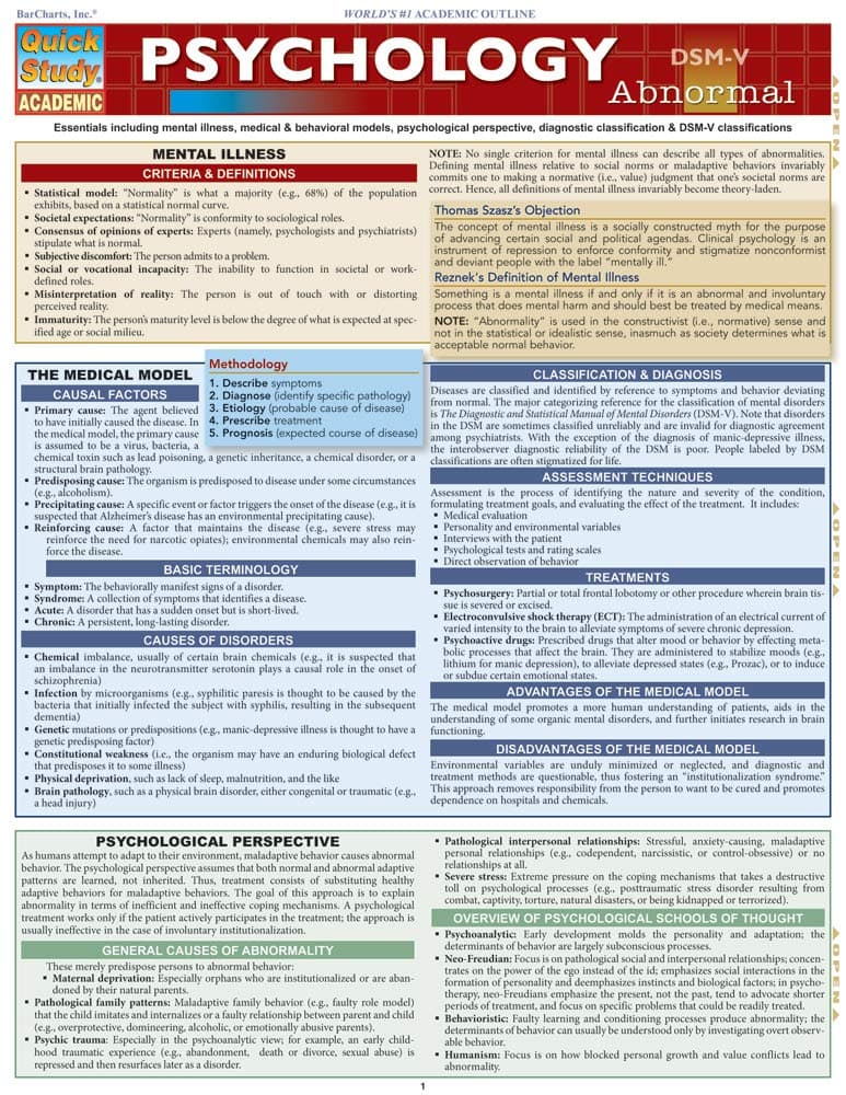 Psychology: Abnormal: QuickStudy Laminated Reference Guide (Quick Study Academic) - image 1 of 1