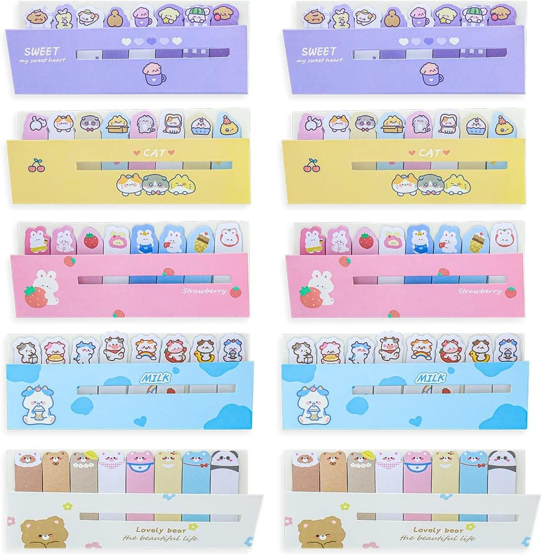 10 Pack Cute Animals Bookmarks Memo Pad Sticky Note Paper Sticky Notes Page Flags, 5 Styles Self-Stick Tab Bookmark Marker Pad for Office School, 120 Sheets/Pack, 1200 Sheets - image 1 of 1
