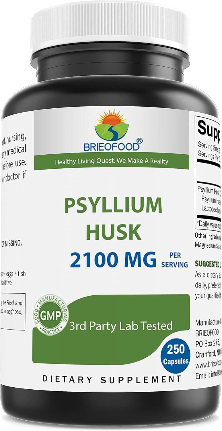 Brieofood Psyllium Husk Fiber Supplement with Lactobaciilus Acidophillus (La-14) - 2100mg per Serving - 250 Capsules - Helps Support Digestion, INTESTINAL Health & Regularity - image 1 of 1