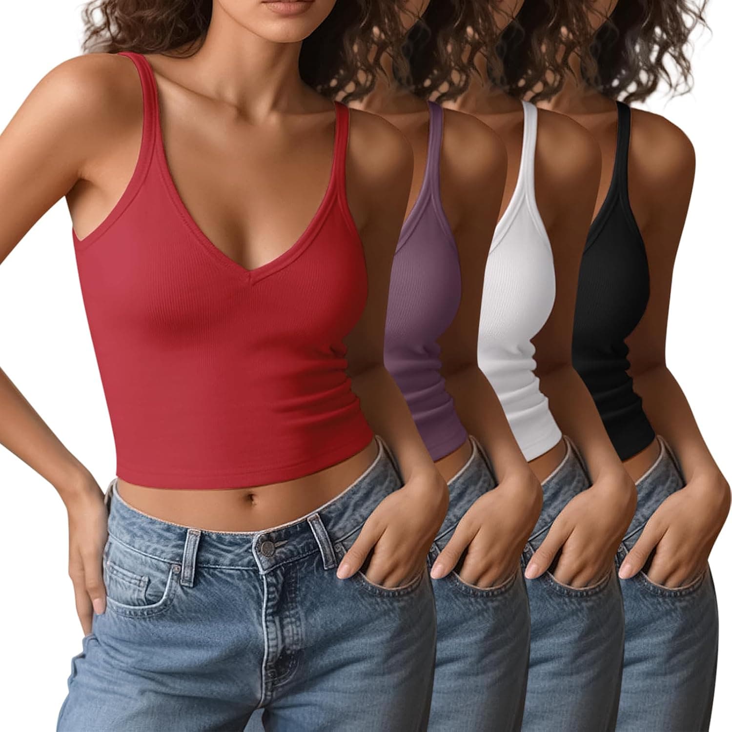 4 Pieces V Neck Tank Tops for Women Spaghetti Strap Crop Top Cotton Basic Fitted Summer Cami Shirts - image 1 of 1