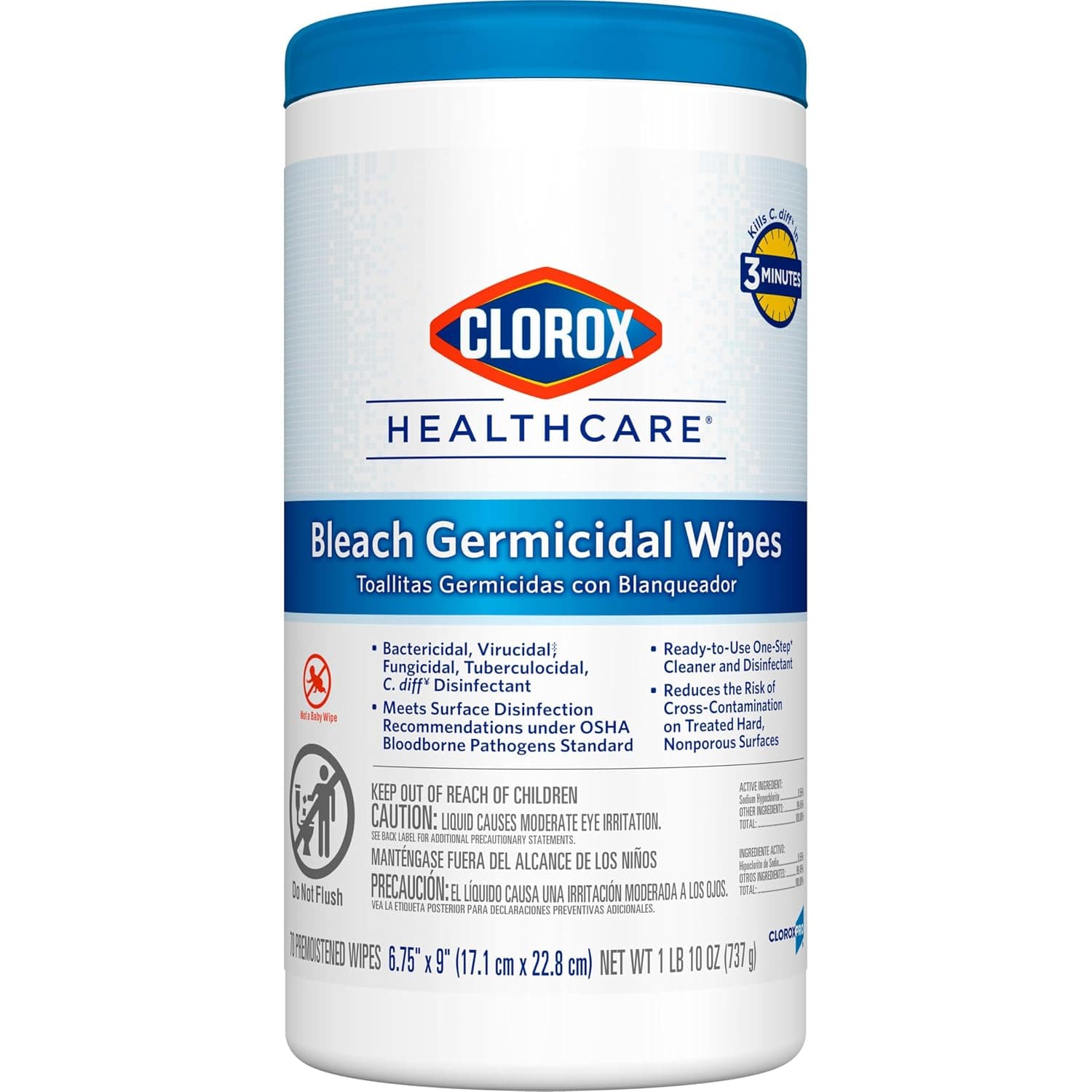 Clorox Healthcare Bleach Germicidal Wipes, 6.75" x 9", 70 Count Canister (Package May Vary) - image 1 of 1