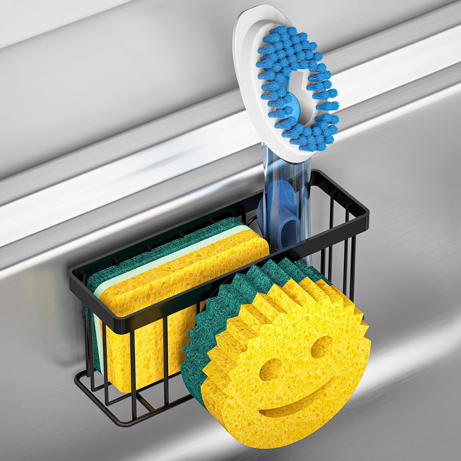Sponge Holder Smiley Face,Sink Caddy,Sink Organizer with 2 Suction Cups/1 Adhesive Strips,Designed for Sponge,Soap,Dish Brush,Scrubber - Black - image 1 of 1