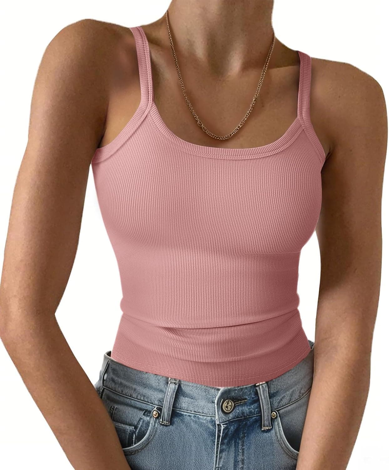 Ribbed Tank Tops for Women 2025 Spaghetti Strap Scoop Neck Slim Fitted Basic Sleeveless Casual Workout Cami Shirts - image 1 of 1
