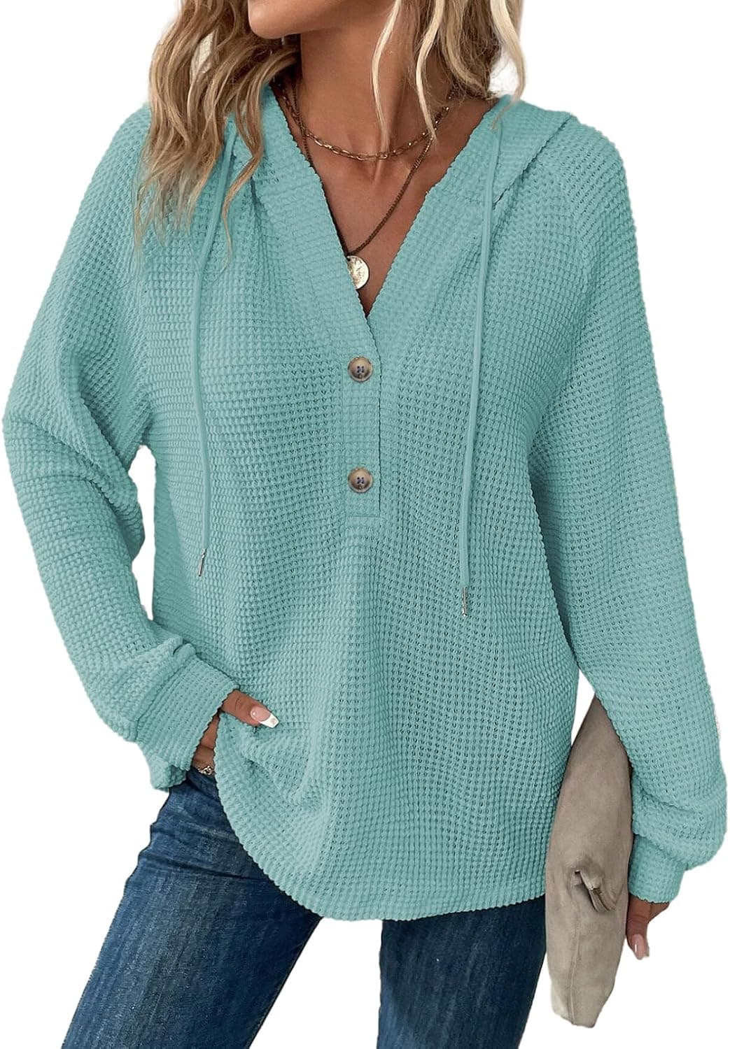 Dokotoo Hoodies for Women Waffle Knit Long Sleeve Drawstring Button V Neck Casual Pullover Sweatshirt Hooded Tops - image 1 of 1