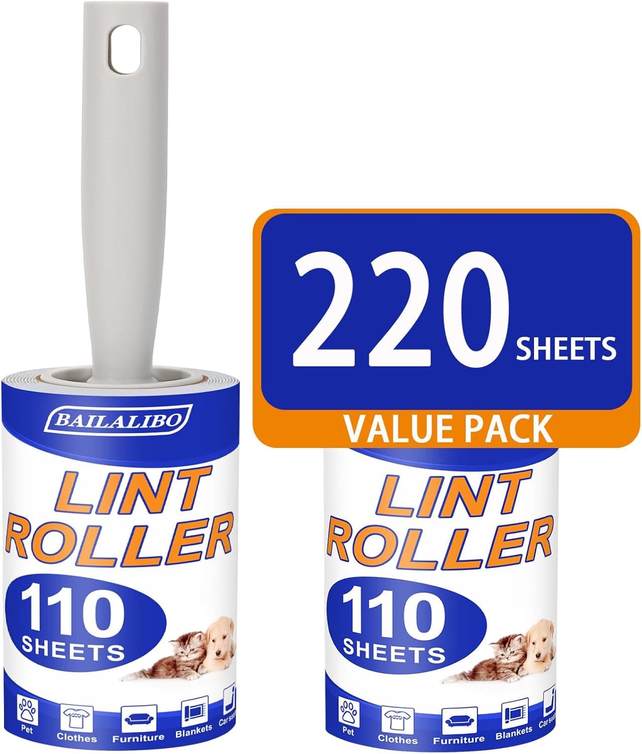 Lint Rollers for Pet Hair Extra Sticky, 220 Sheets Mega Value Set, Lint Remover for Clothes, Couch, Carpet, Dog & Cat, Furniture, Mini Travel Refills, for Daily Cleaning Tool - image 1 of 1