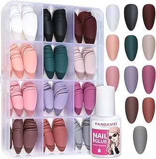 FANDAMEI Press on Nails, 12 Packs 288PCS Matte Press on Nails, Medium Almond Fake Nails Full Cover, Short Almond Glue on Nails with 7g Nail Glue, 12 Solid Color False Nails for Nail Art DIY
