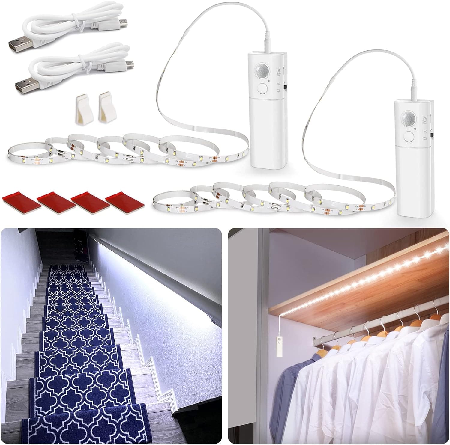 WOBANE Motion Sensor Stair Strip Lights,Rechargeable Motion Activated Closet Light,Battery Powered LED Strip,60 LEDs Homelife Bar for Bed,Pantry,Counter,Night Light,Cabinet,6000K White,6.56ft,2PCS - image 1 of 1