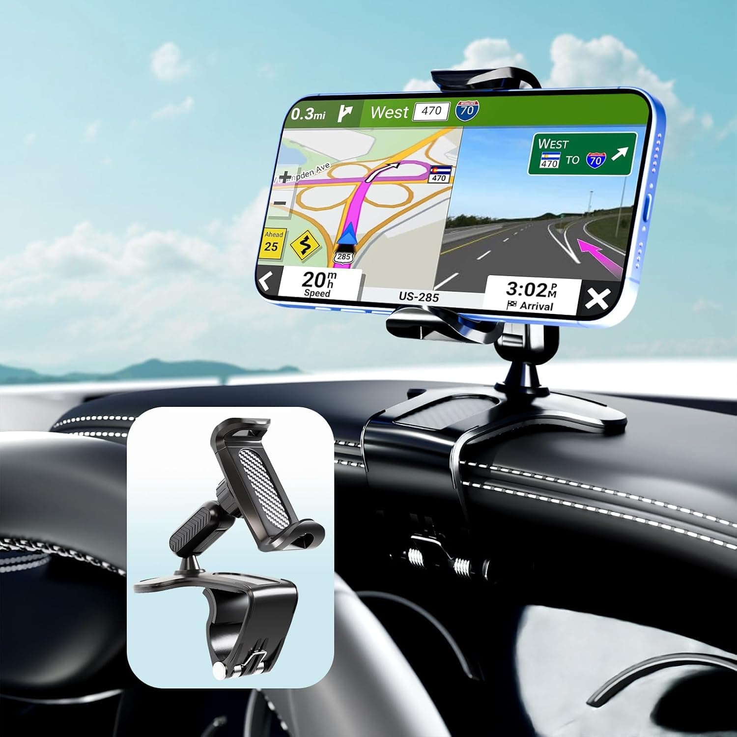 Phone Mount for Car Dashboard, 360 Degree Rotation Universal Cell Phone Holder for Car Clip Mount Stand Suitable for 4 to 7" Smartphones (Standard Black) - image 1 of 1