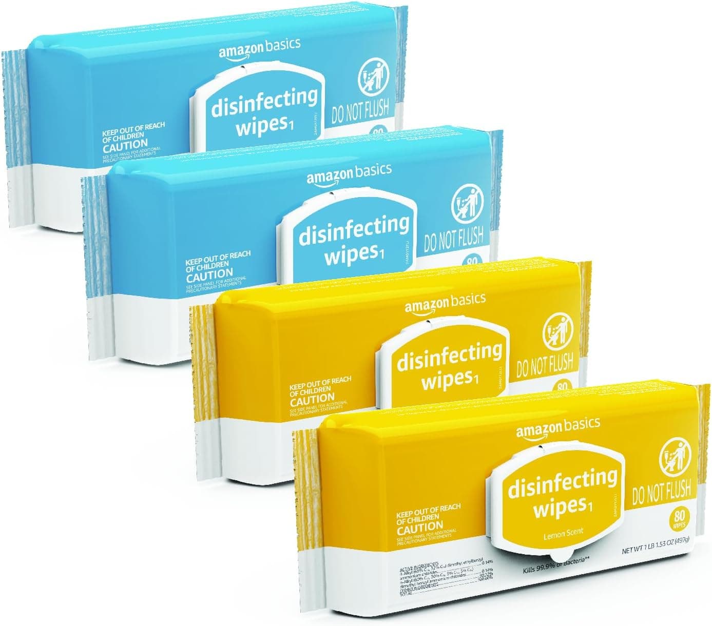 Amazon Basics Disinfecting Wipes, Lemon & Fresh Air Scent, Sanitizes/Cleans/Disinfects/Deodorizes, 320 Count (4 Packs of 80) - image 1 of 1