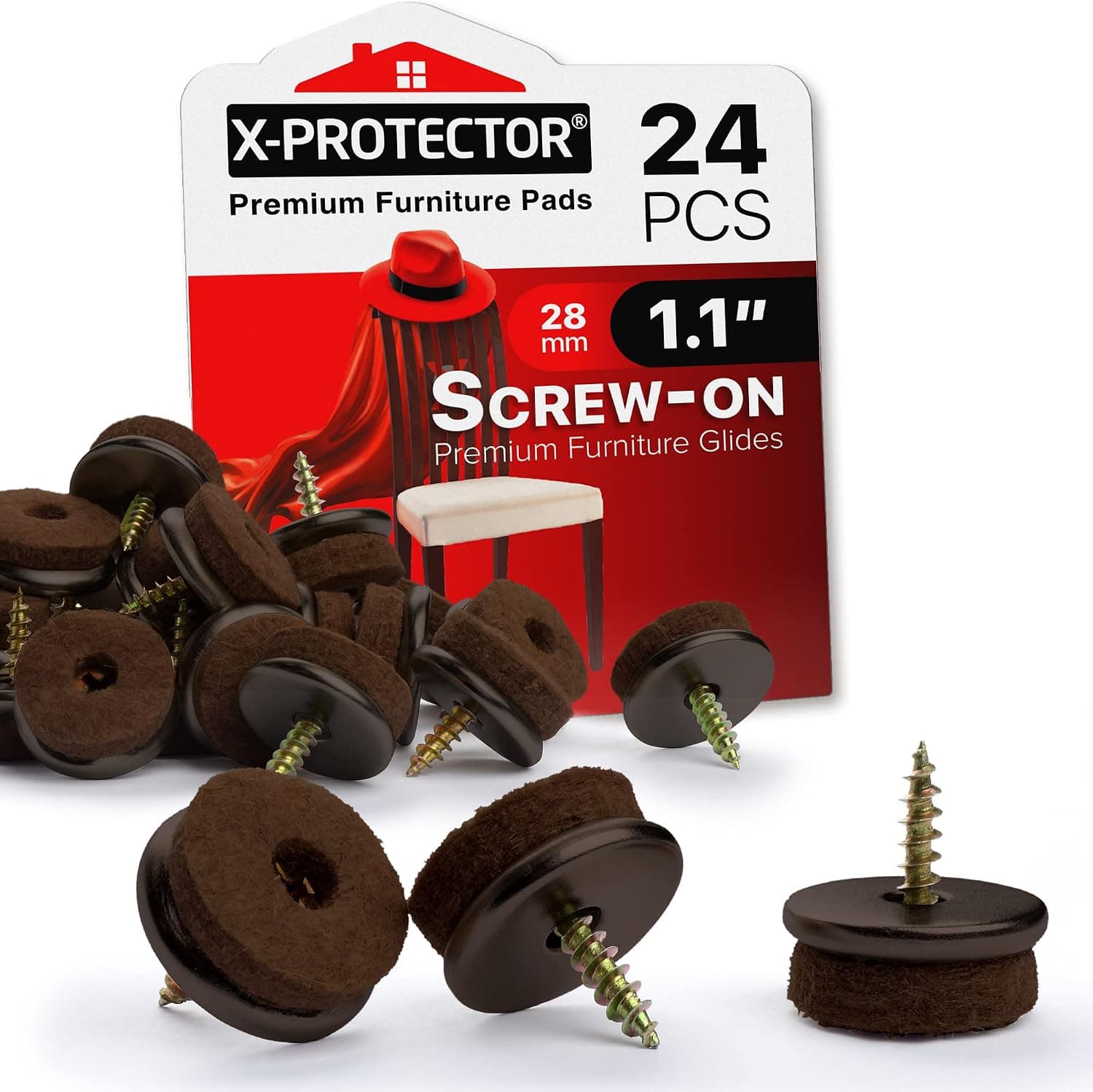 Screw-On Felt Furniture Pads X-Protector 24 PCS - 1.1” Chair Leg Floor Protectors for Hardwood Floors - Premium Chair Glides - Brown Floor Protectors for Chairs - The Best Furniture Sliders! - image 1 of 1