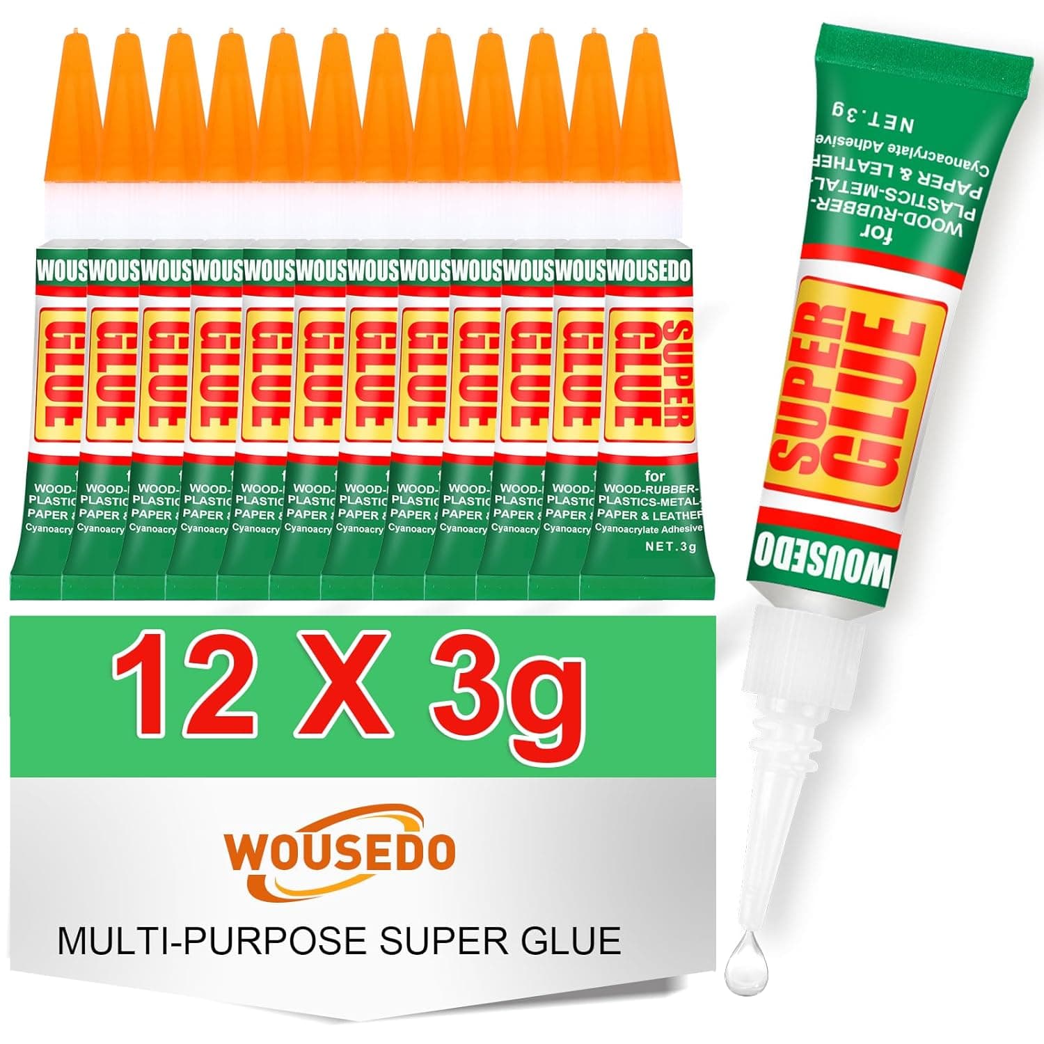 12 X 3g Super Glue Clear, Strong Adhesive,Super Glue Fast Drying Cyanoacrylate Glue for Wood,Rubber,Leather, Plastic, Metal, Rhinestone Jewelry, DIY Crafts and More - image 1 of 1