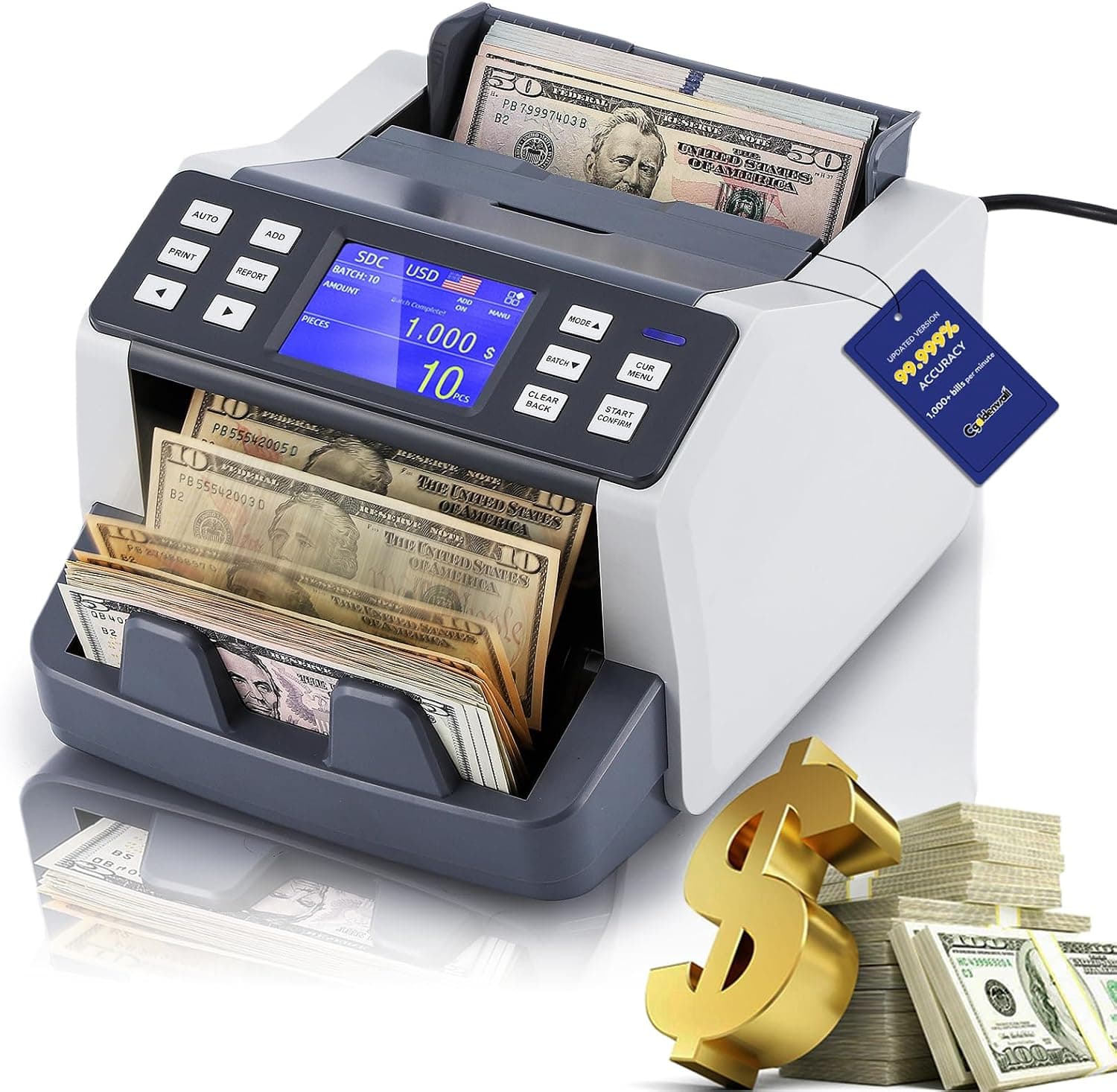 CGOLDENWALL Upgrade Mixed Denomination Money Counter, CIS/UV/MG/IR Counterfeit Detection, Touchscreen Value Counter, 1500Bills/min Cash Counting, Multi-Currency & Modes Bill Counter for Business - image 1 of 1