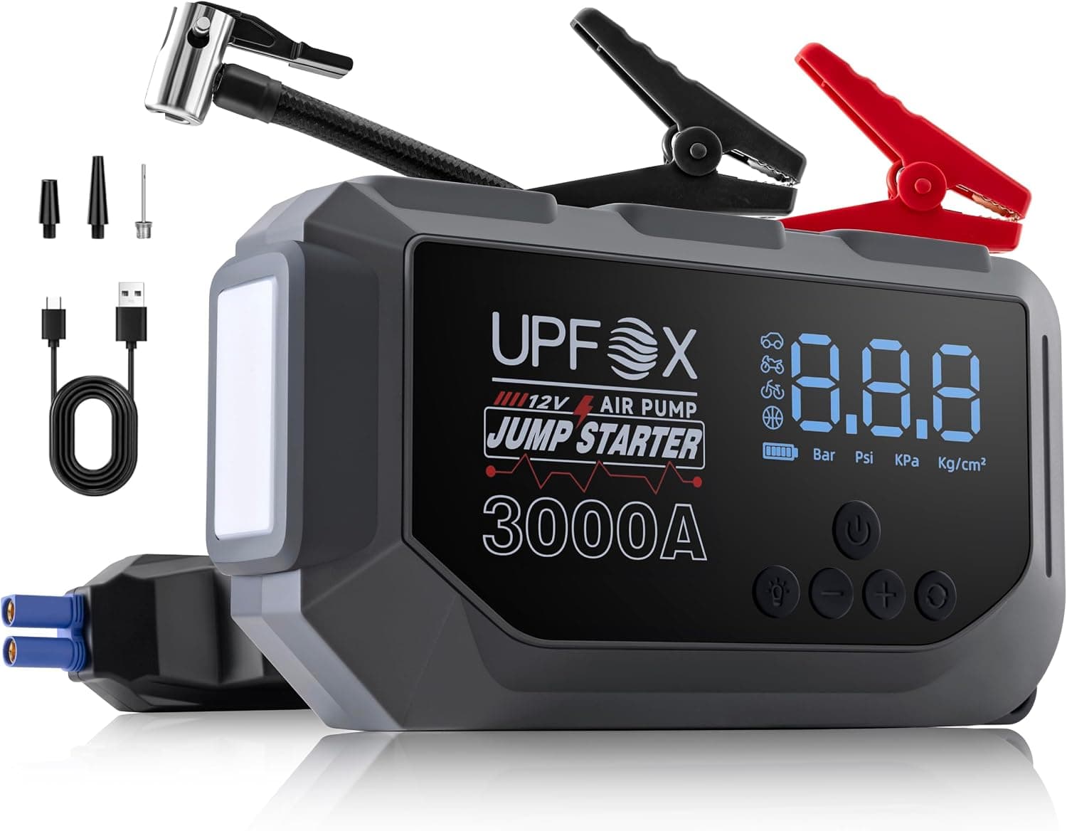 3000A Jump Starter with Air Compressor 12V&150PSI Car Battery Jump Starter Portable Car Jump Starter Jump Box (8.0 Gas/6.0L Diesel) Tire Inflator with LED Display 3 Light and Jumper Cables - image 1 of 1