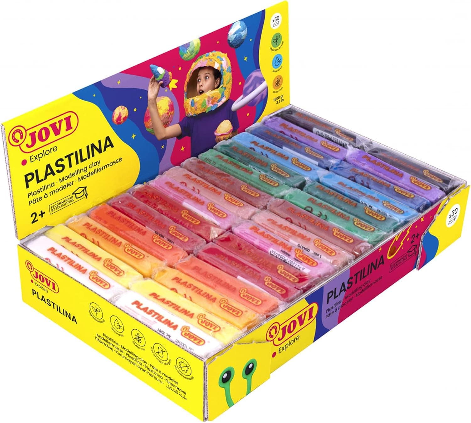 Jovi Plastilina Reusable and Non-Drying Modeling Clay, Set of 30 1.75 Oz. Plasticine Bars, 2 Each of 15 Colors, Non-Toxic and Gluten-Free, for Arts and Crafts Projects