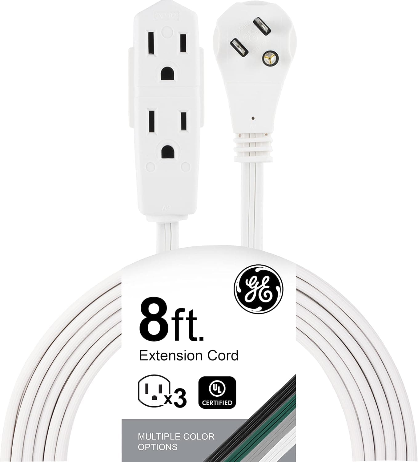 GE 3-Outlet Flat Extension Cord 8 Ft Grounded Extension Cord with Multiple Outlets 3 Prong Outlet Extender Flat Plug Indoor Power Strip 16 Gauge UL Listed White 50251 - image 1 of 1