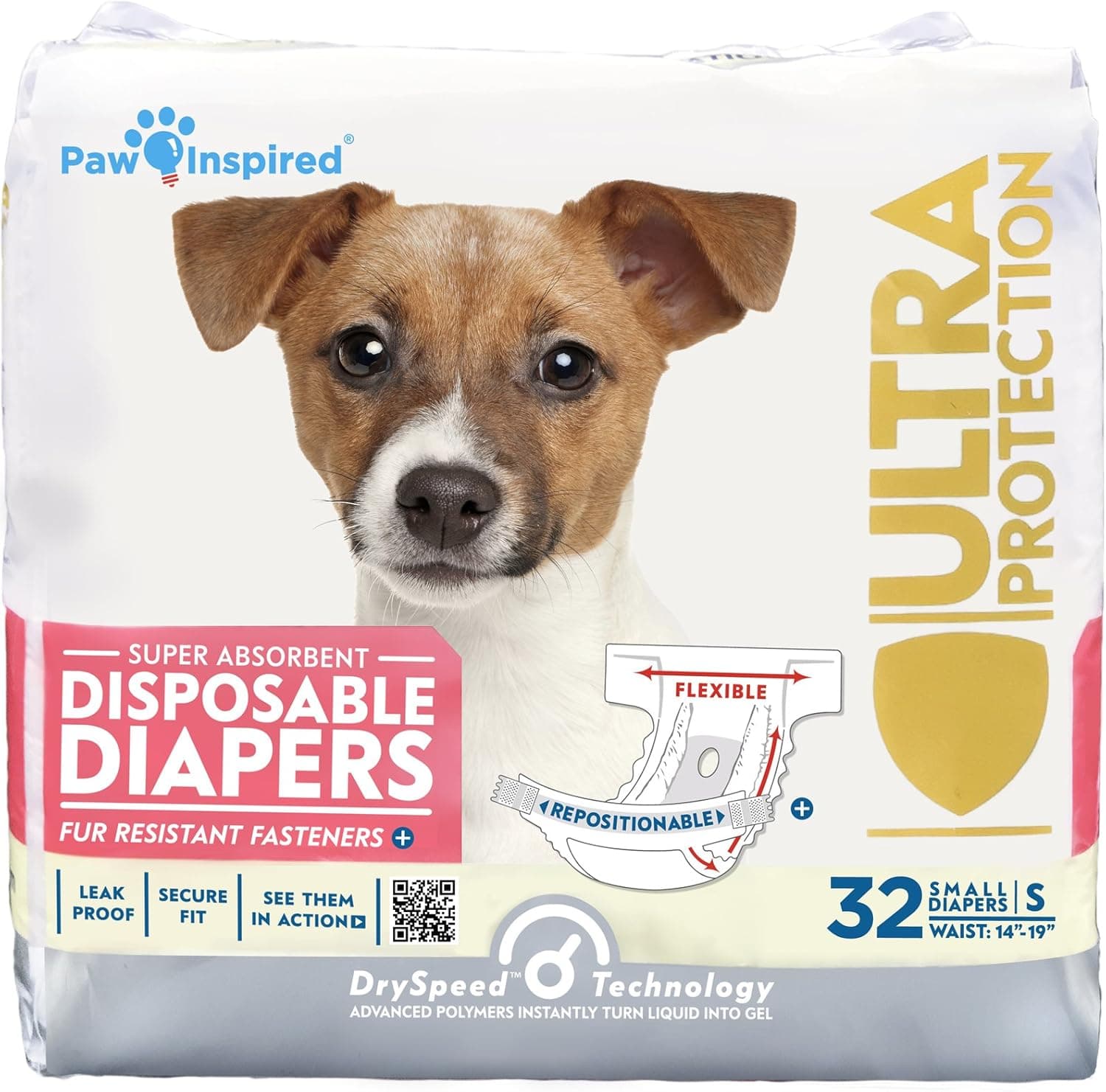 Paw Inspired 32ct Disposable Dog Diapers | Female Dog Diapers Ultra Protection | Diapers for Dogs in Heat, Excitable Urination, or Incontinence (Small) - image 1 of 1