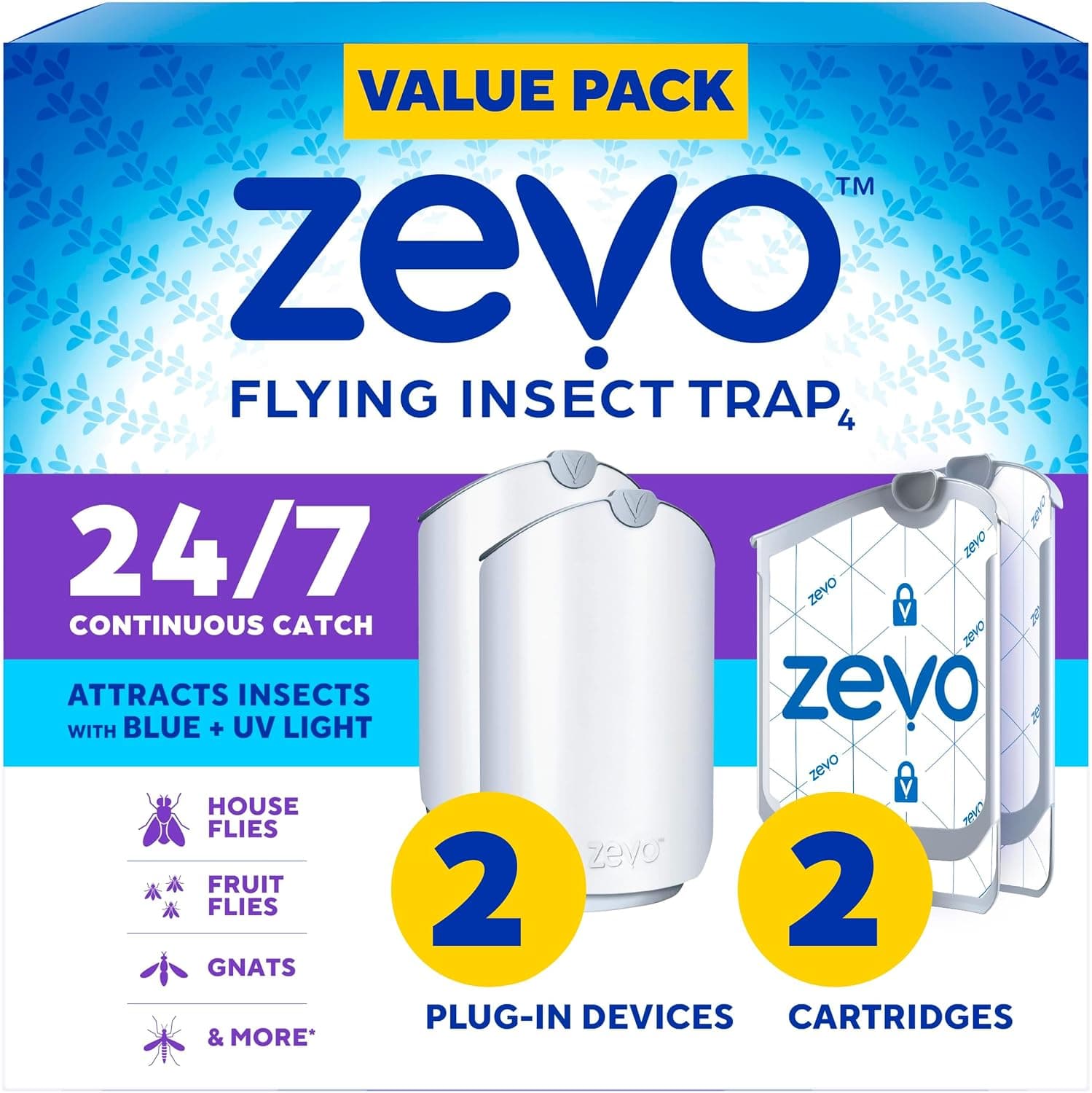 Zevo 2 Flying Insect Traps & 2 Refill Cartridges - Plug in Fly Trap & Indoor Bug Catcher for Gnats, House & Fruit Flies - Blue & UV Light Technology, Mess-Free Alternative to Bug Zapper - image 1 of 1