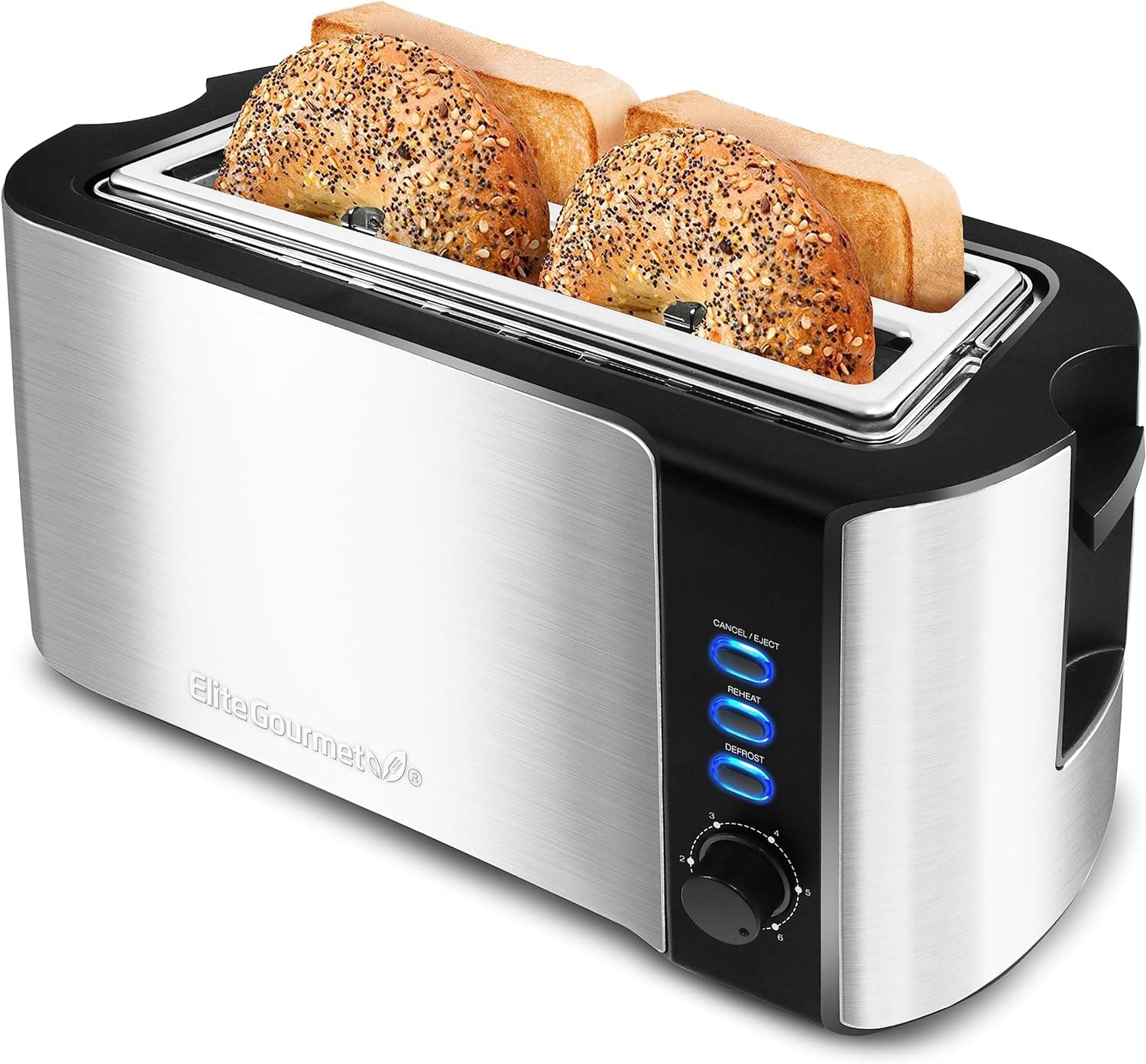 Elite Gourmet ECT-3100 Long Slot 4 Slice Toaster, Reheat, 6 Toast Settings, Defrost, Cancel Functions, Built-in Warming Rack, Extra Wide Slots for Bagels & Waffles, Stainless Steel & Black - image 1 of 1