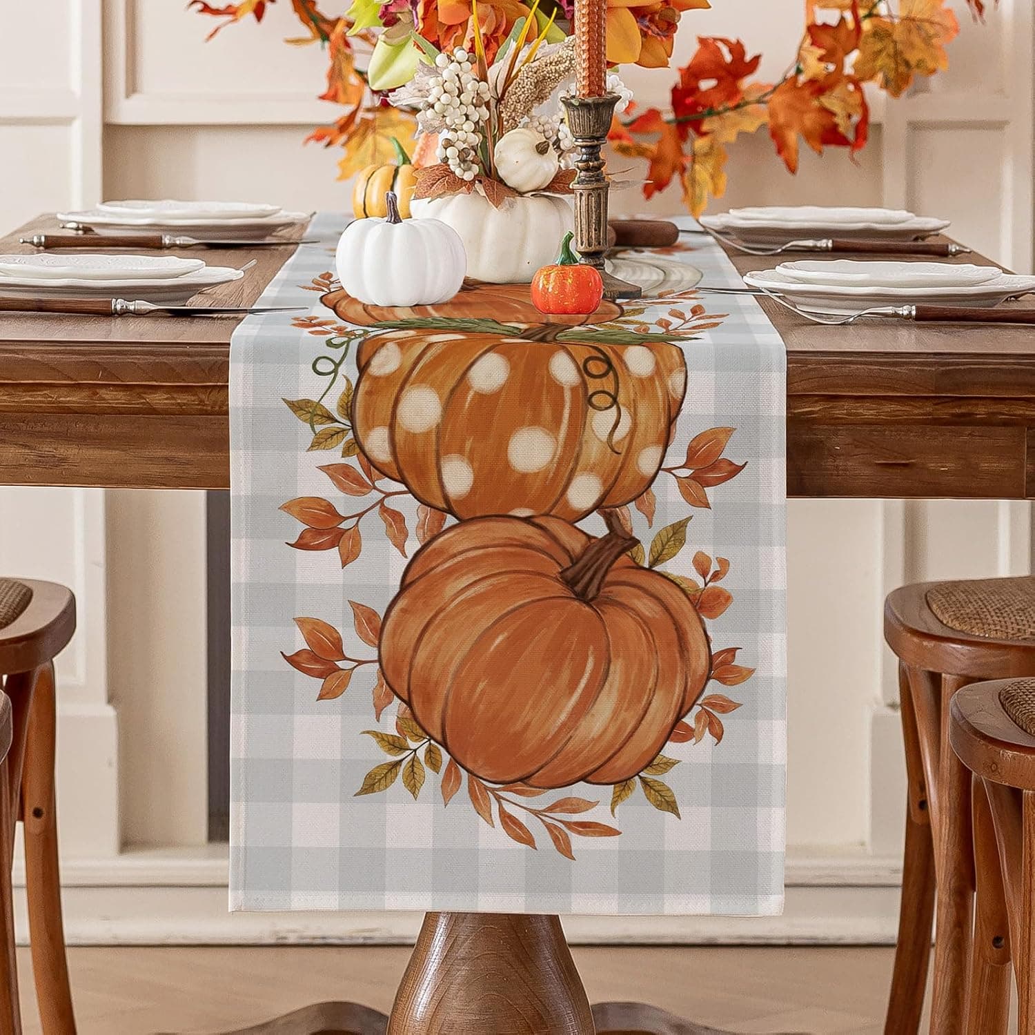 Romanstile Pumpkin Leaves Fall Table Runner, Buffalo Plaid Autumn Thanksgiving Harvest Farmhouse Style Table Decoration for Dining, Party, Holiday - 13x72 Inch, Grey Blue - image 1 of 1