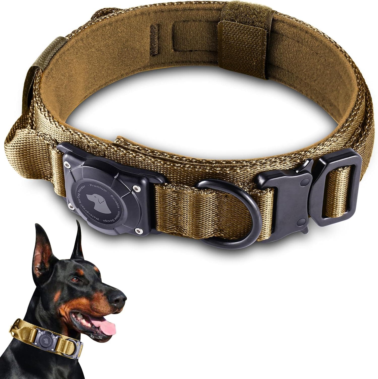 2025 Upgrade Waterproof AirTag Dog Collar, Military Tactical Dog Collar with AirTag Holder, Comfortable Control Handle and Metal Buckle, GPS Dog Collar Holder for Medium to Large Dogs (Khaki,L) - image 1 of 1