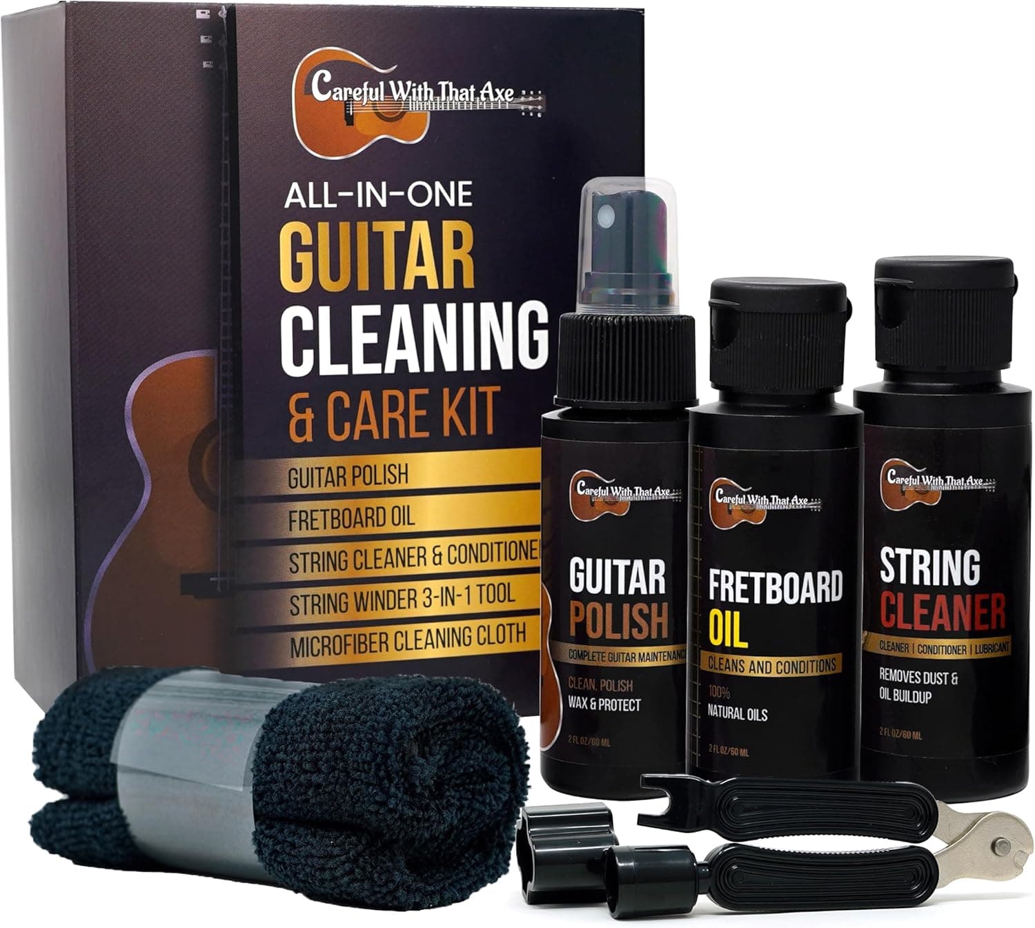 Guitar Cleaner Polish, String Cleaner, Winder and Fretboard Oil Care Kit | MADE IN USA | Guitar Oil and Cleaner for Body, Strings and Fretboard Fingerboard - Cleans, Polishes, and Protects - image 1 of 1