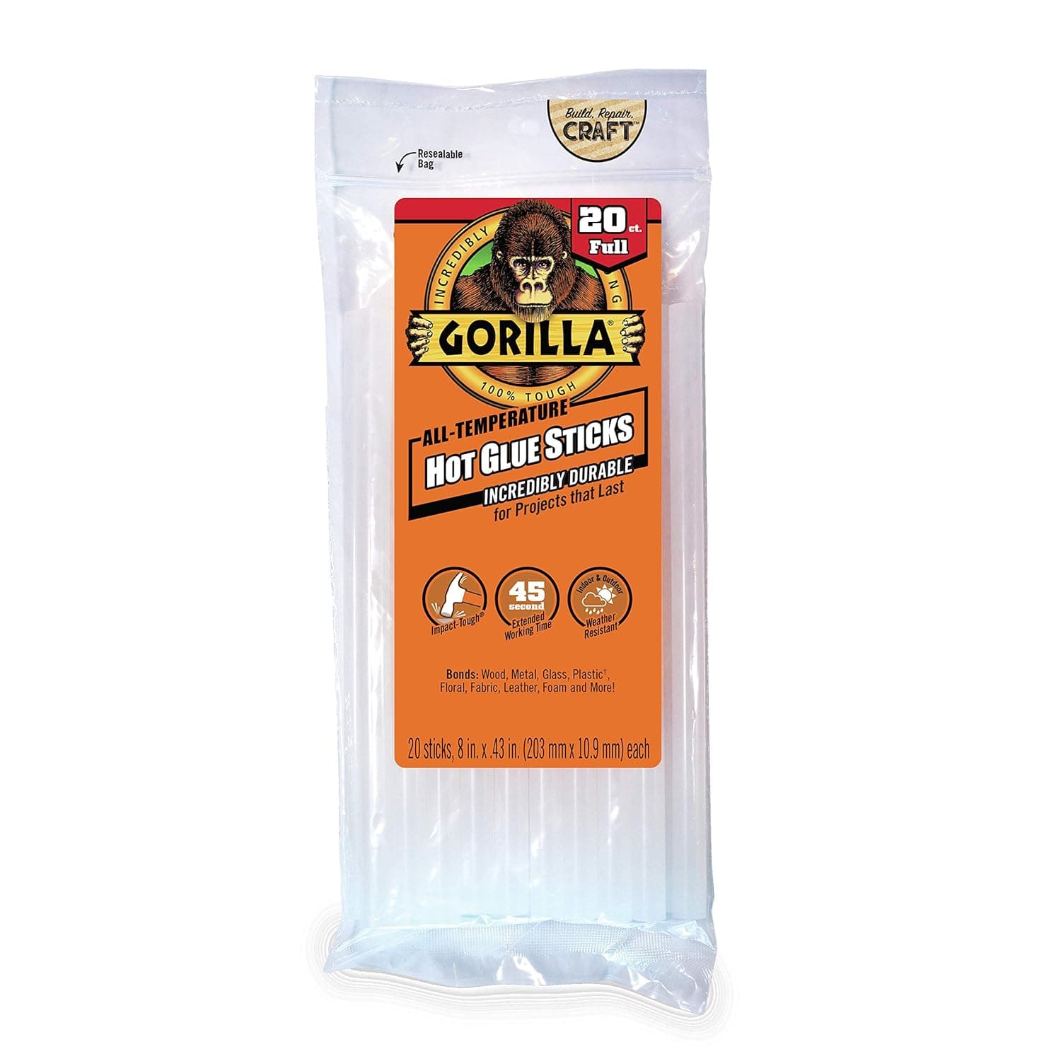 Gorilla Hot Glue Sticks, Clear Glue, Full Size 8" Long x 0.43" Diameter, 20 Count (Pack of 1) - Safe for All Temperatures with Extended Working Time - image 1 of 1