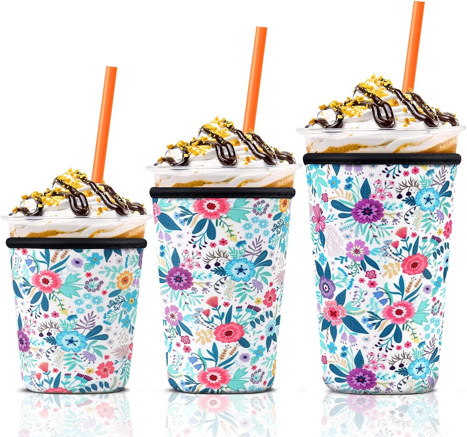 Iced Coffee Cup Sleeve for Large Sized Cups, Reusable Neoprene Iced Coffee Cup Holder for Hot Cold Drinks, Compatible with Starbucks, Dunkin Donuts, and More (3 PK Sm-Med-Lg, Blue Flower) - image 1 of 1