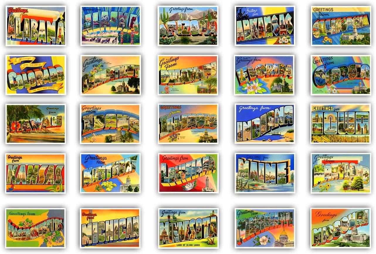 GREETINGS FROM 50 American states vintage reprints postcard set (ca. 1930-1940's). Large letter name postcards of each U.S. state. Post card variety pack. Made in USA. - image 1 of 1