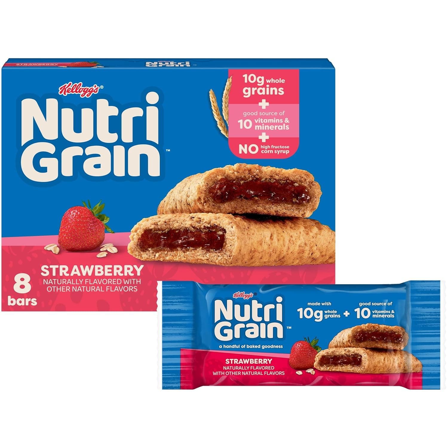 Nutri-Grain Breakfast Bars, Made with 10g Whole Grains, Snack Bars, Strawberry, 10.4oz Box (8 Bars) - image 1 of 1