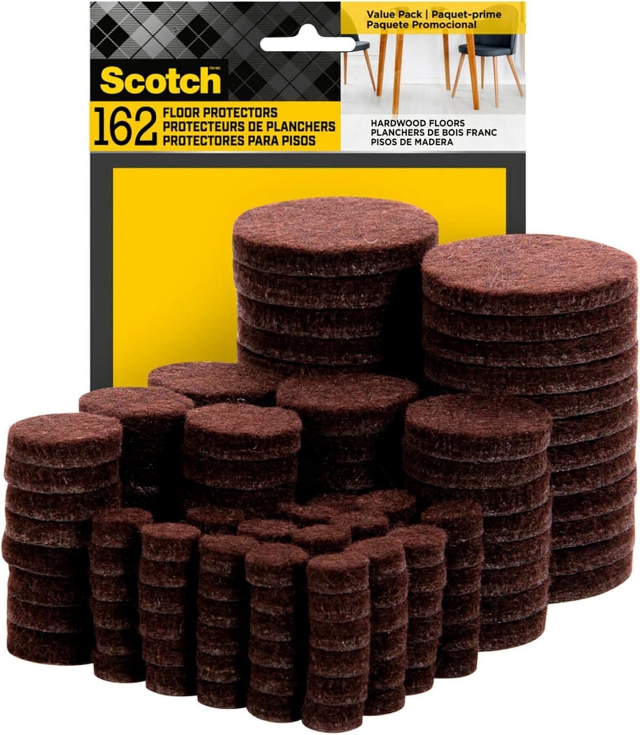 Scotch Felt Pads 162 PCS Brown, Felt Furniture Pads for Protecting Hardwood Floors, Round, Assorted Sizes Value Pack, Self-Stick design, Protecting from nicks, dents and scratches (SP847-NA) - image 1 of 1