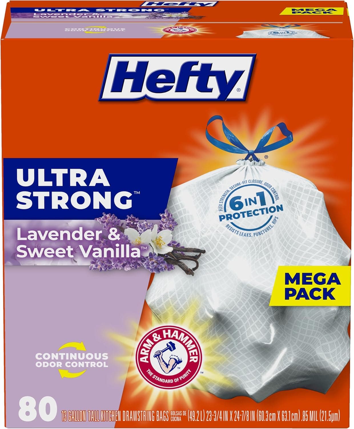 Hefty Ultra Strong Tall Kitchen Trash Bags, Lavender & Sweet Vanilla Scent, 13 Gallon, 80 Count - image 1 of 1