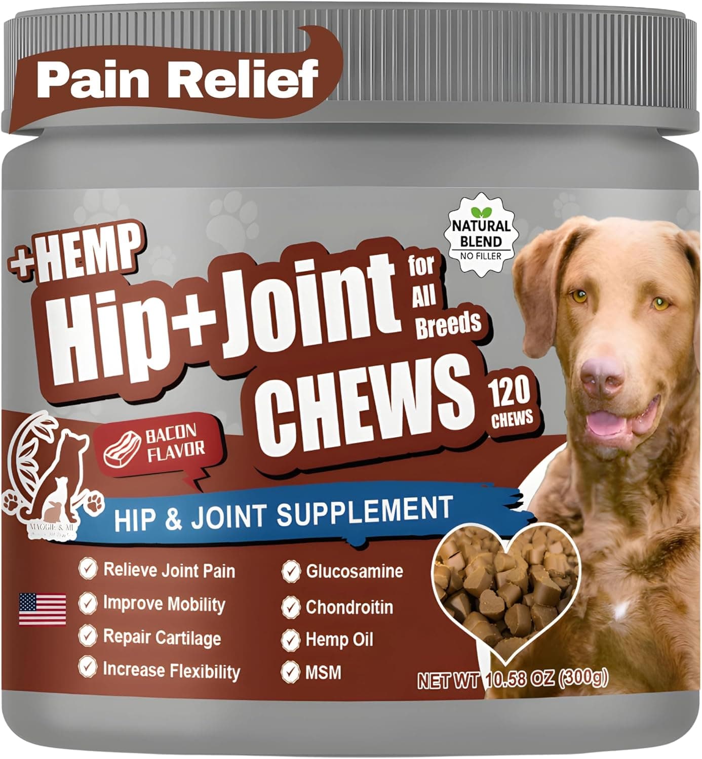 Maggie & ME Dog Pain Relief Hip and Joint Supplements | Glucosamine for Dogs 600mg | Organic Hemp Seed Powder/Oil 650mg | Chondroitin, MSM, Turmeric, Vitamins C & E+ | 120 Bacon Mobility Supplements - image 1 of 1