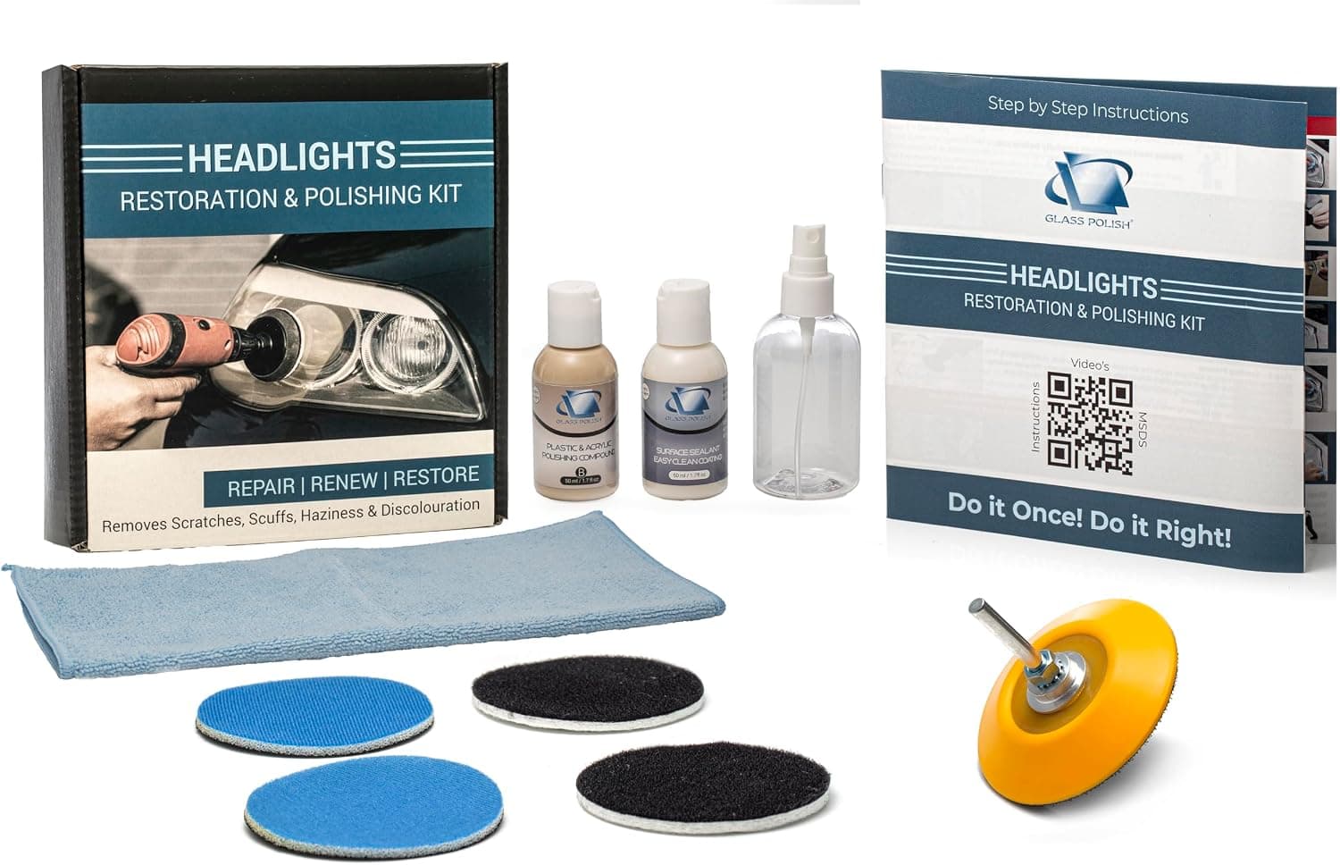 Glass Polish DIY Headlights Restoration and Polishing Kit – Permanent Headlight & Tail-Light Restoration, Restores As-New Condition and Guards Against Future Damage - GP31016 - image 1 of 1