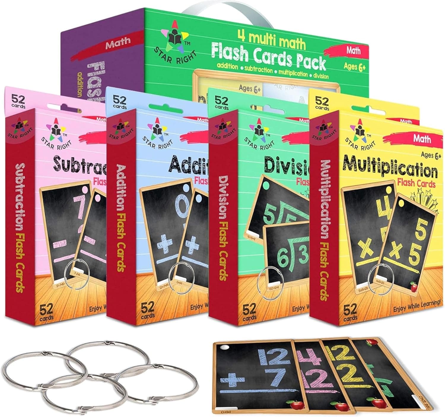Star Right Math Flash Cards Set of 4 - Addition, Subtraction, Multiplication, Division with 4 Rings - 208 Cards for Kids Ages 6 and Above - Flash Card from 1st to 4th Grade - image 1 of 1