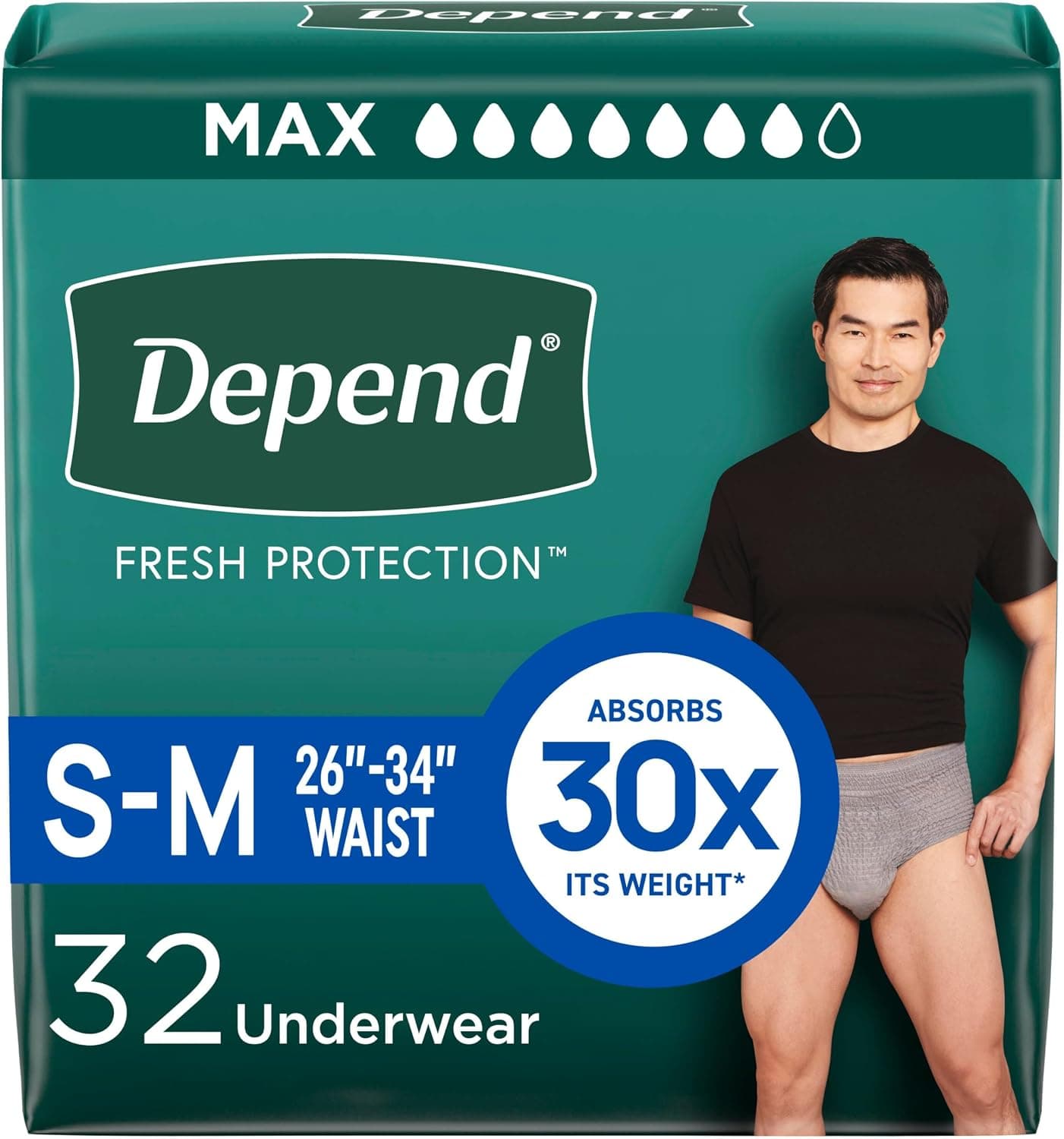Depend Fresh Protection Adult Diapers, Incontinence Underwear for Men, Disposable, Maximum, Small/Medium, Grey, 32 Count, Packaging May Vary - image 1 of 1