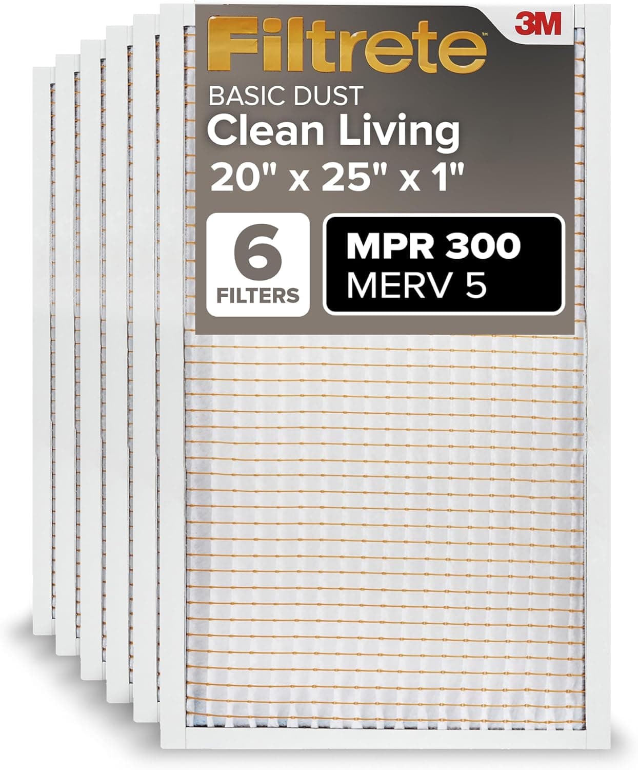 Filtrete 20x25x1 AC Furnace Air Filter, MERV 5, MPR 300, Capture Unwanted Particles, 3-Month Pleated 1-Inch Electrostatic Air Cleaning Filter, 6-Pack (Actual Size 19.69x24.69x0.81 in) - image 1 of 1